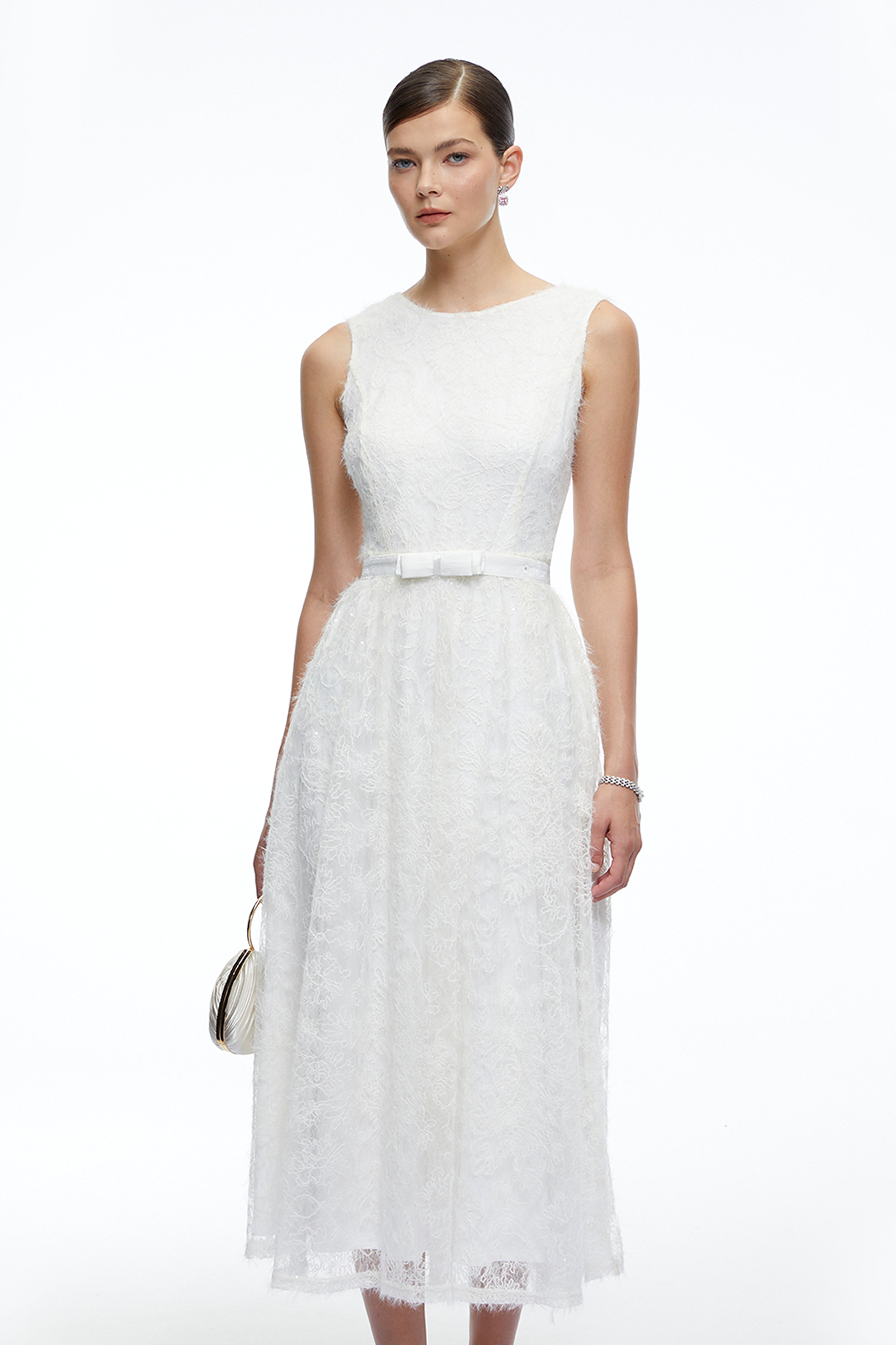 Thea White Textured Sleeveless Midi Dress with Fringe