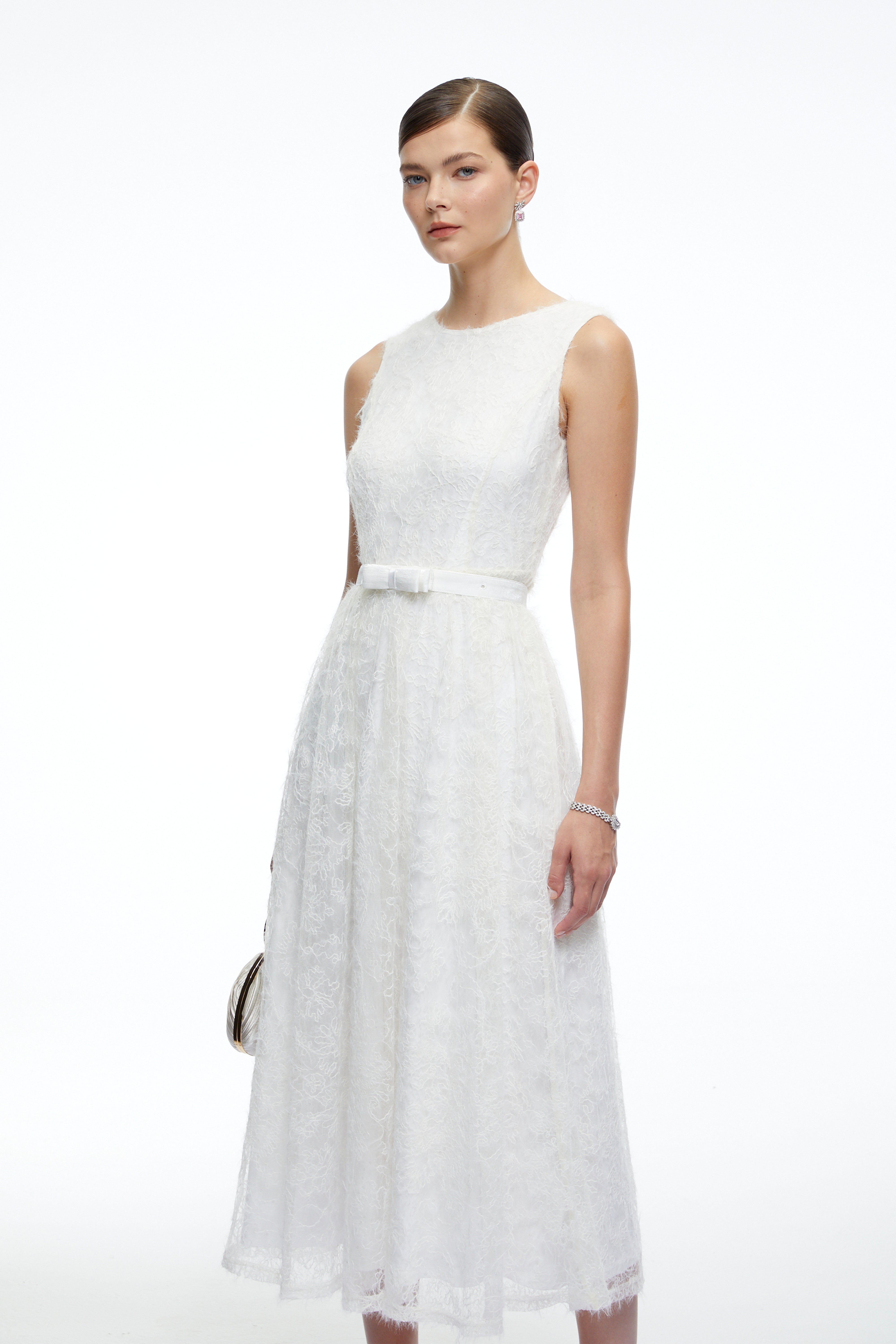 Thea White Textured Sleeveless Midi Dress with Fringe
