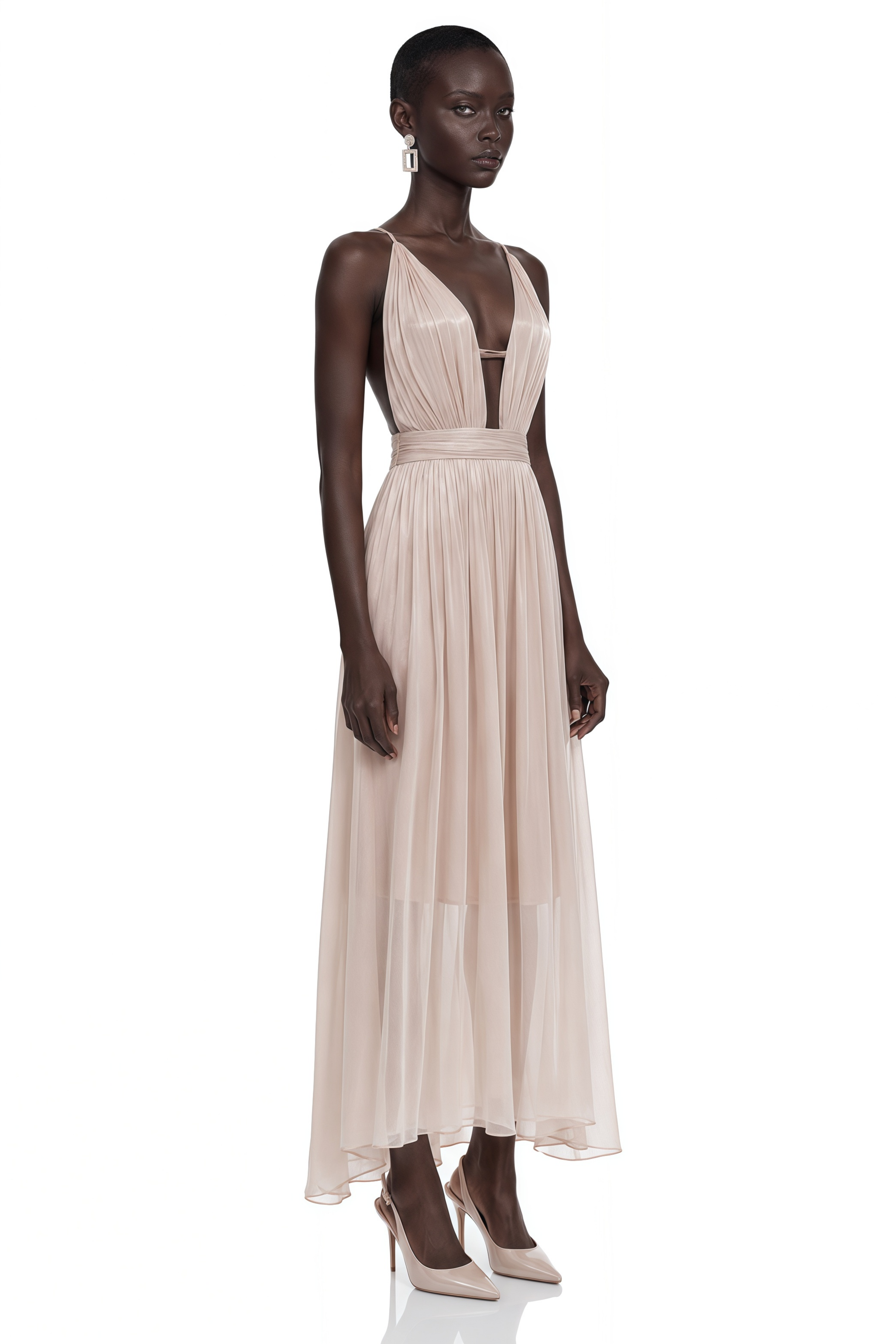 Topaz Beige V-Neck Pleated Maxi Dress