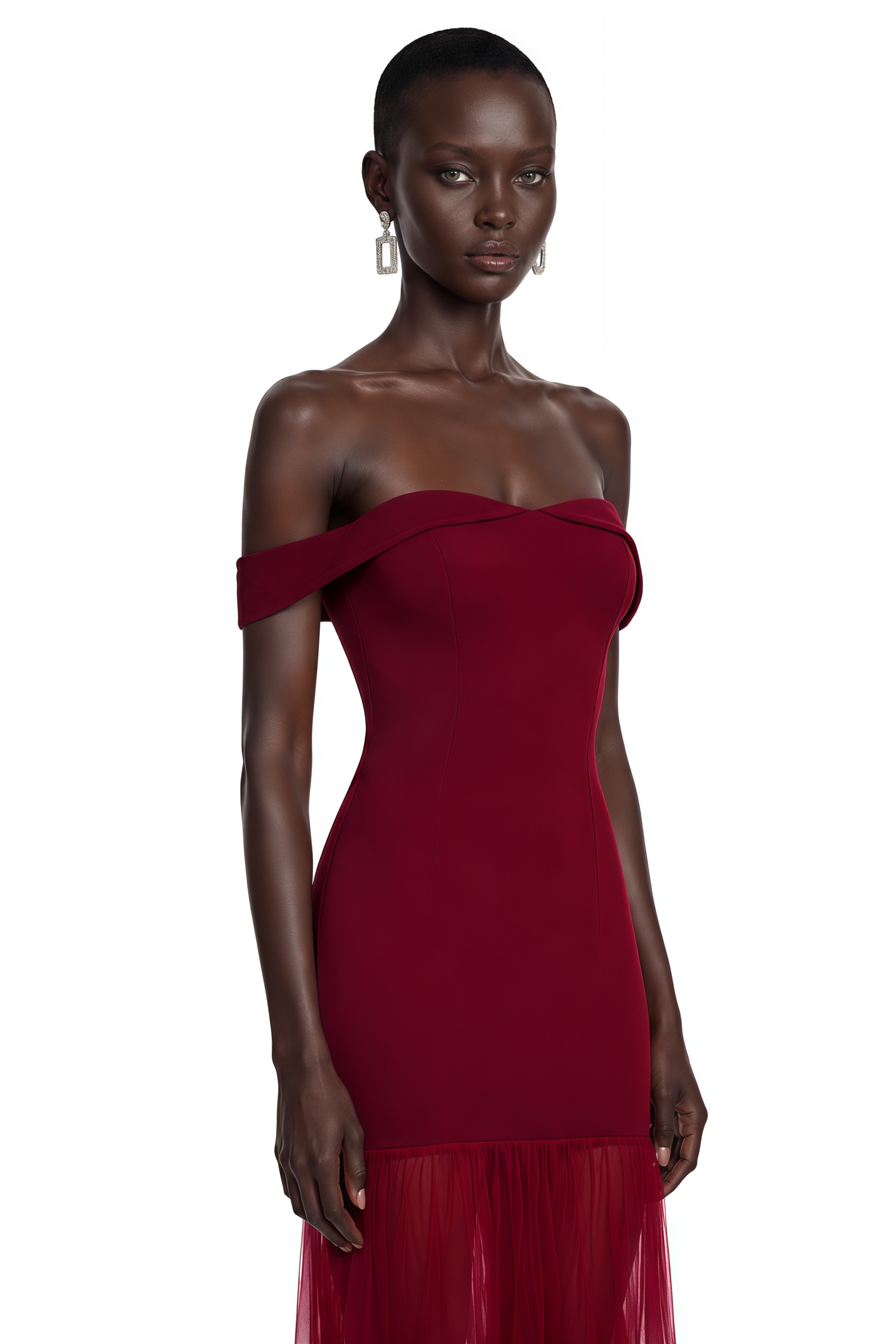 Tupou Burgundy Off Shoulder Semi-Sheer Maxi Dress