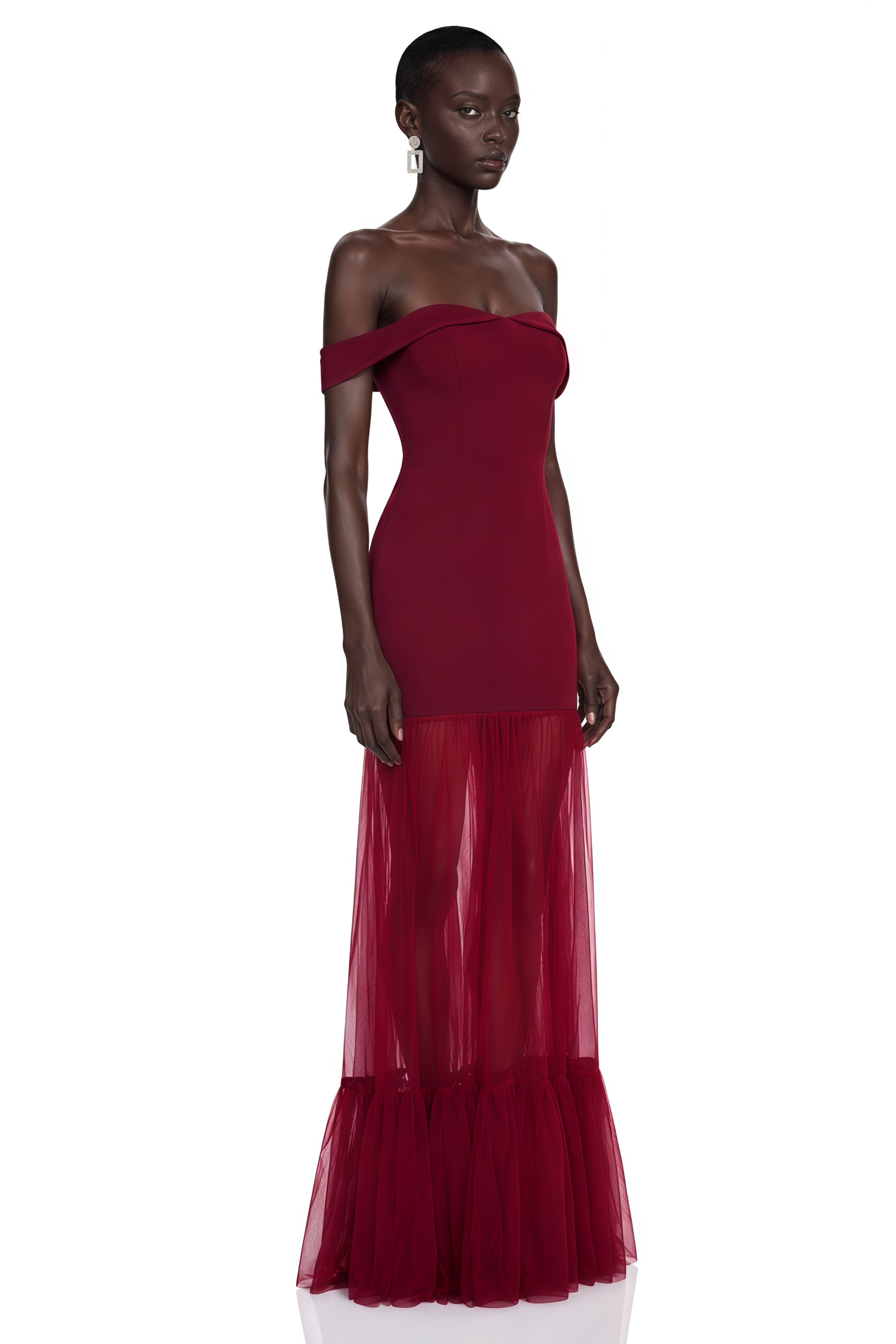 Tupou Burgundy Off Shoulder Semi-Sheer Maxi Dress