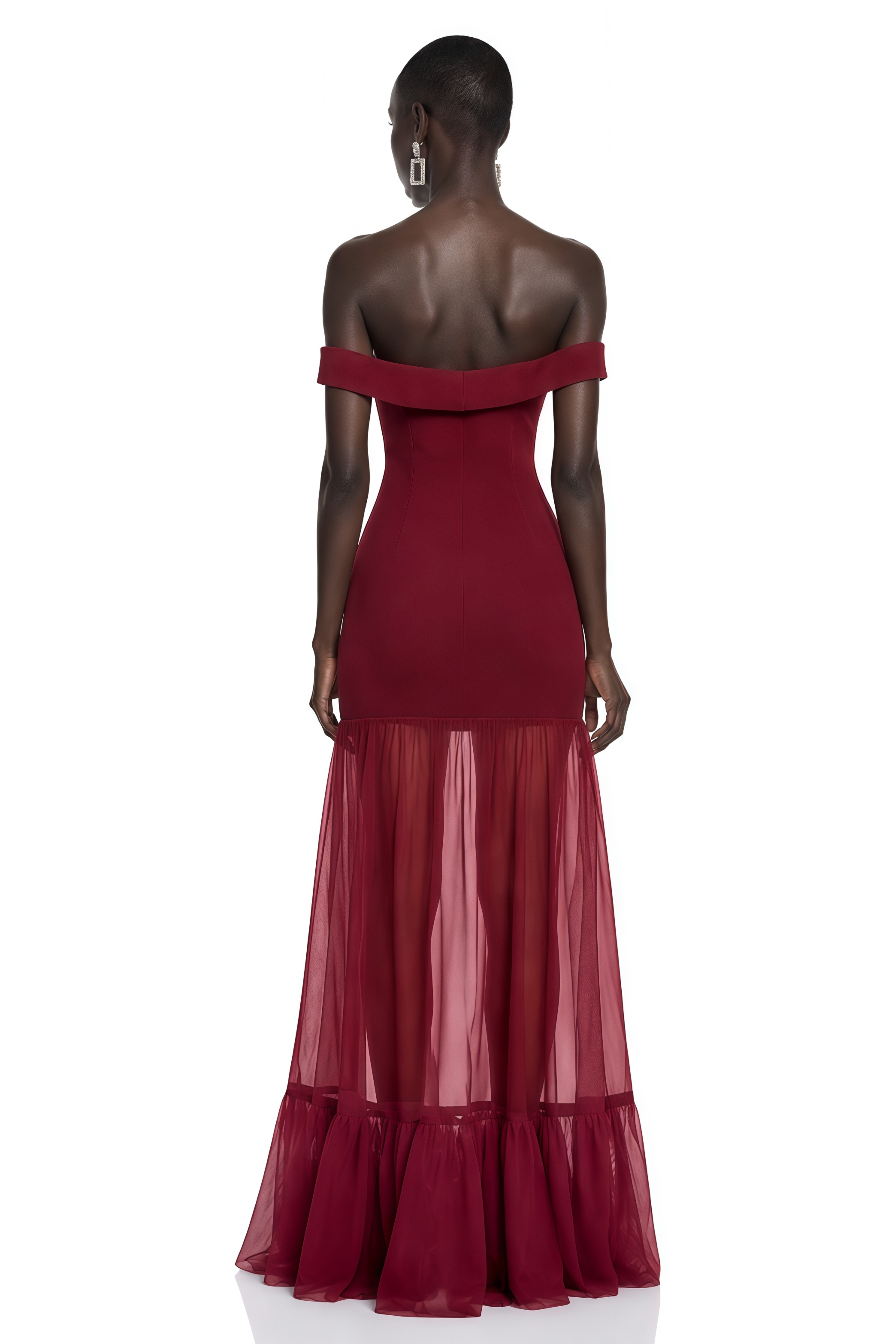 Tupou Burgundy Off Shoulder Semi-Sheer Maxi Dress