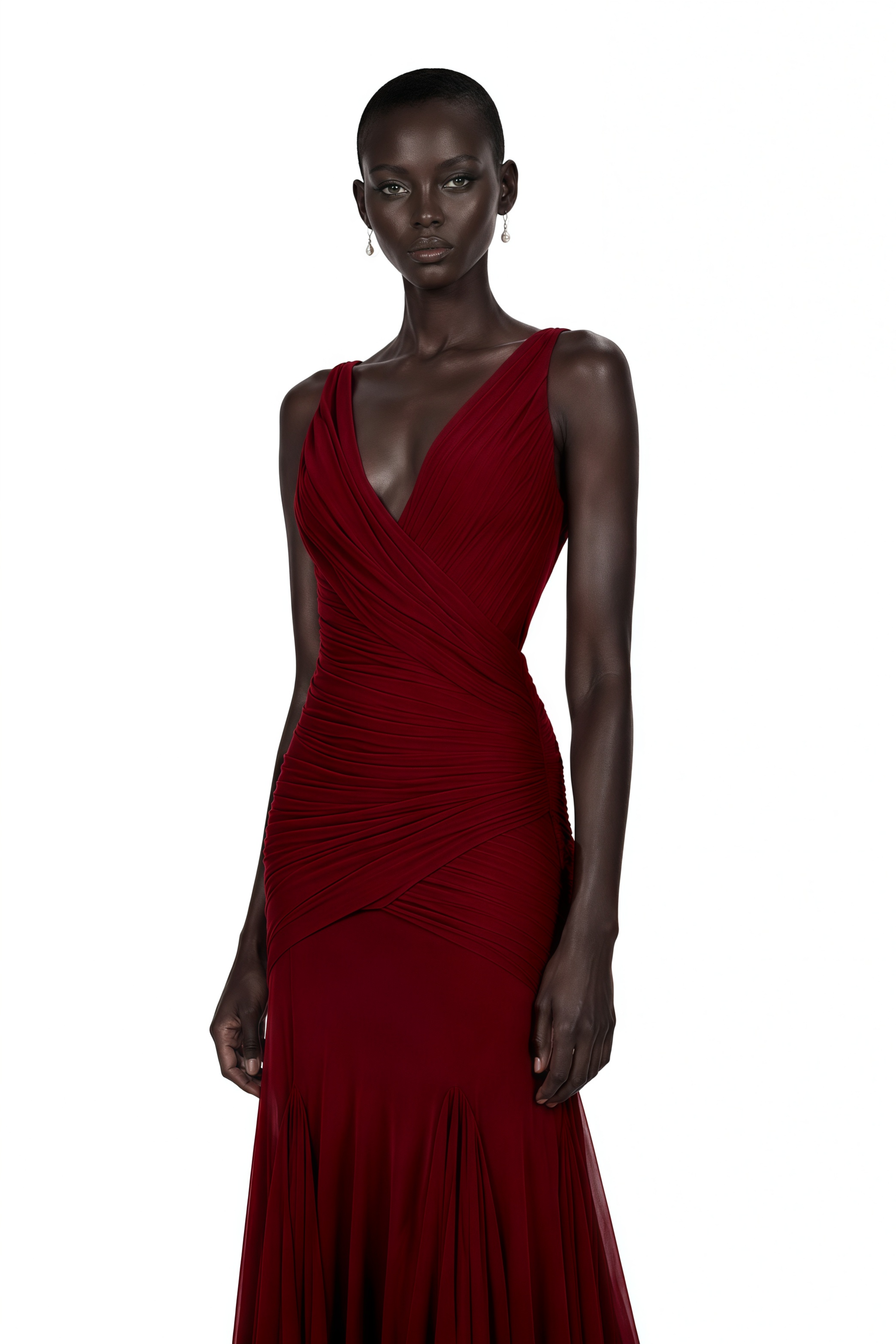 Robe longue froncée à col en V Valentina, couleur bordeaux