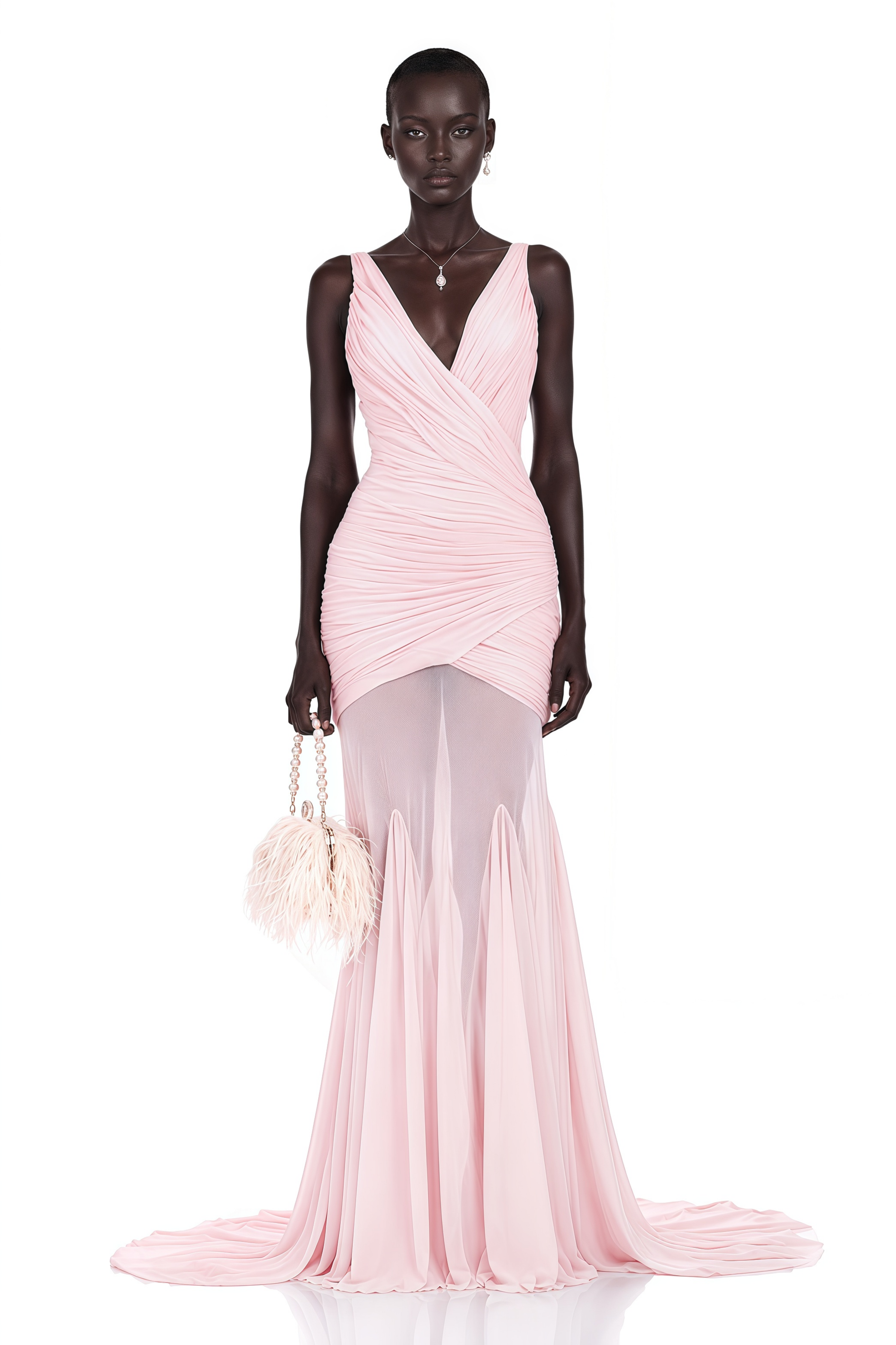 Robe longue froncée à col en V « Valentina Pink »