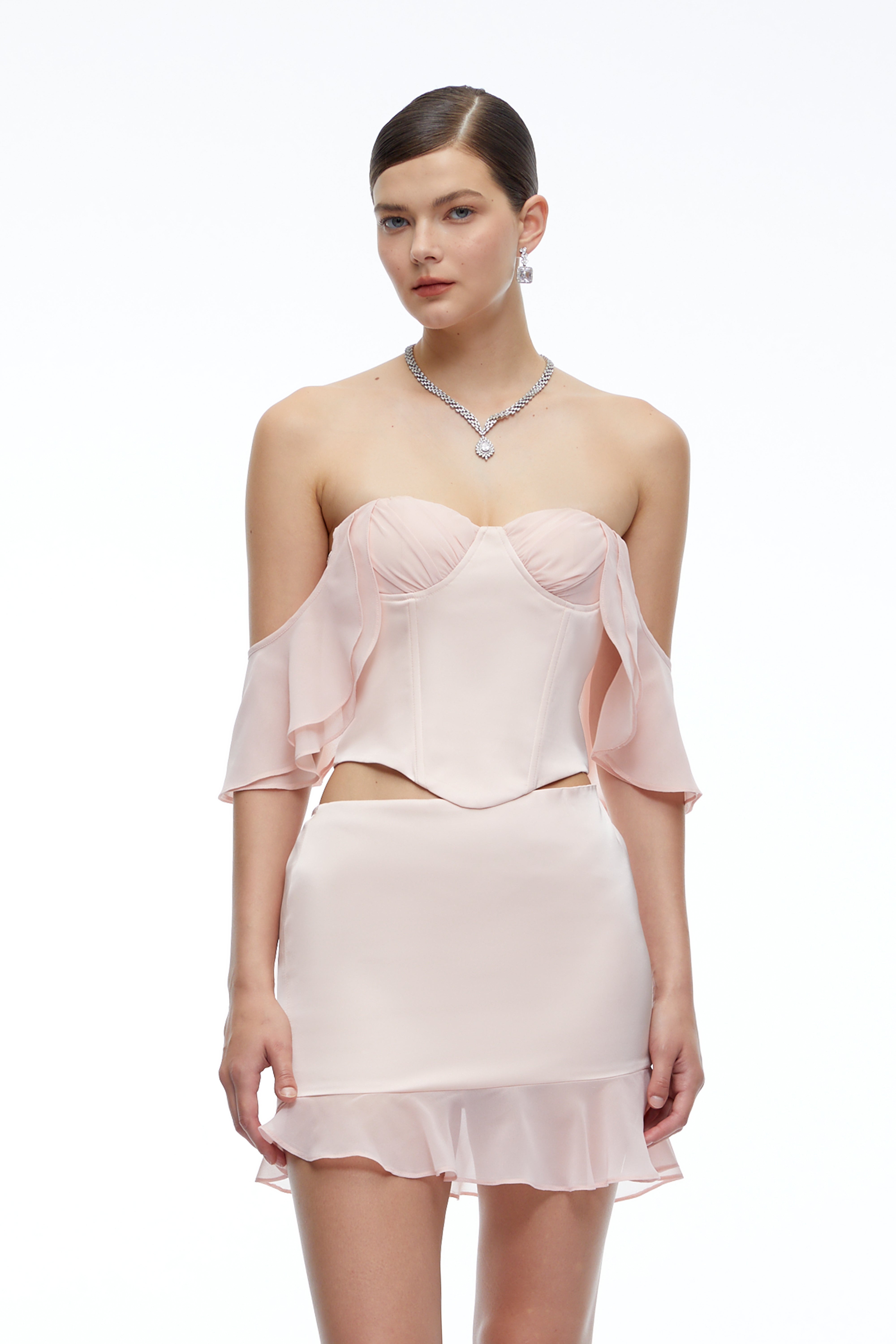 Valeria Pink Off Shoulder Corset Top & Ruffled Skirt Set