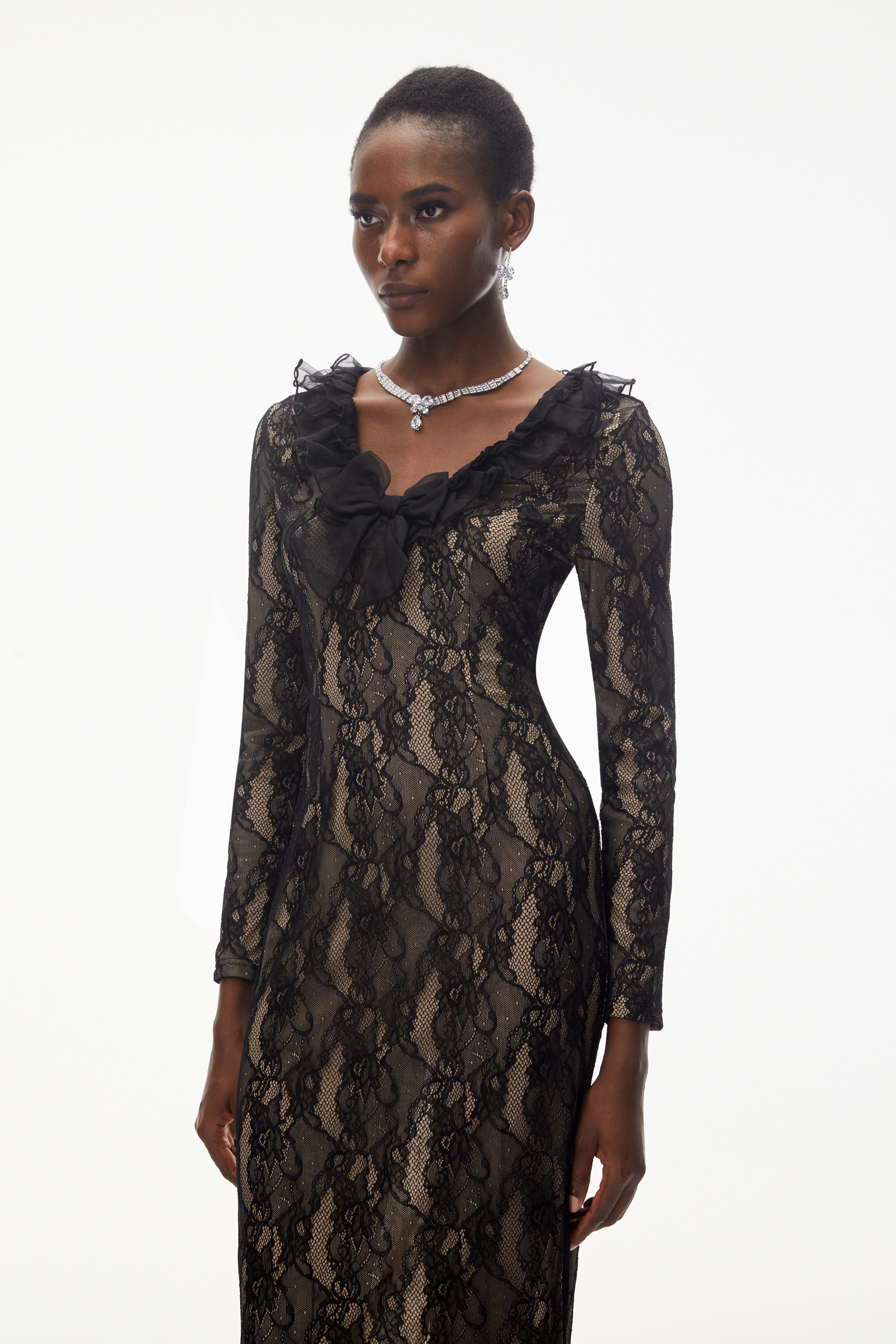Vesna Black Ruffled Lace Midi Dress (Final Sale)
