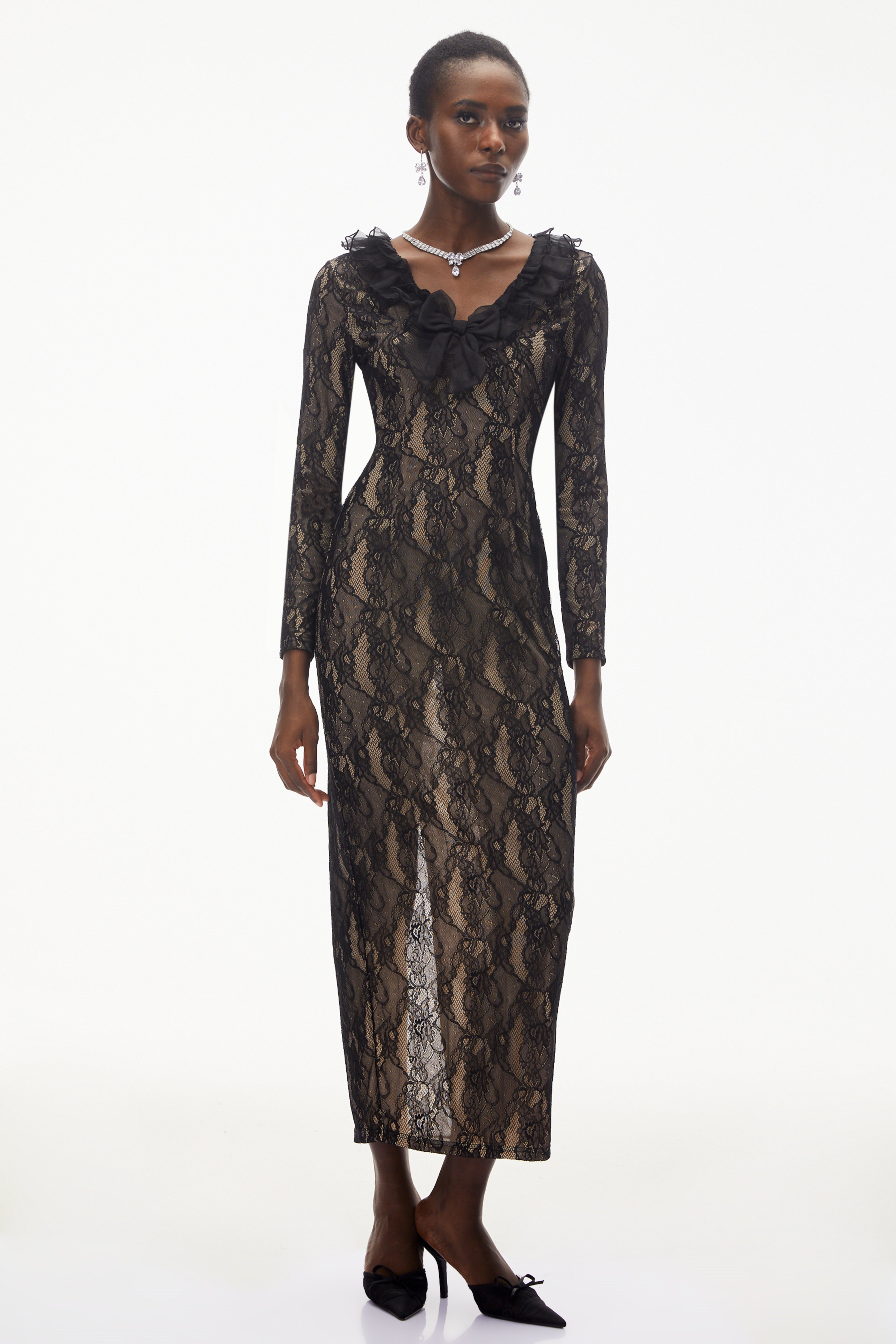 Vesna Black Ruffled Lace Midi Dress (Final Sale)