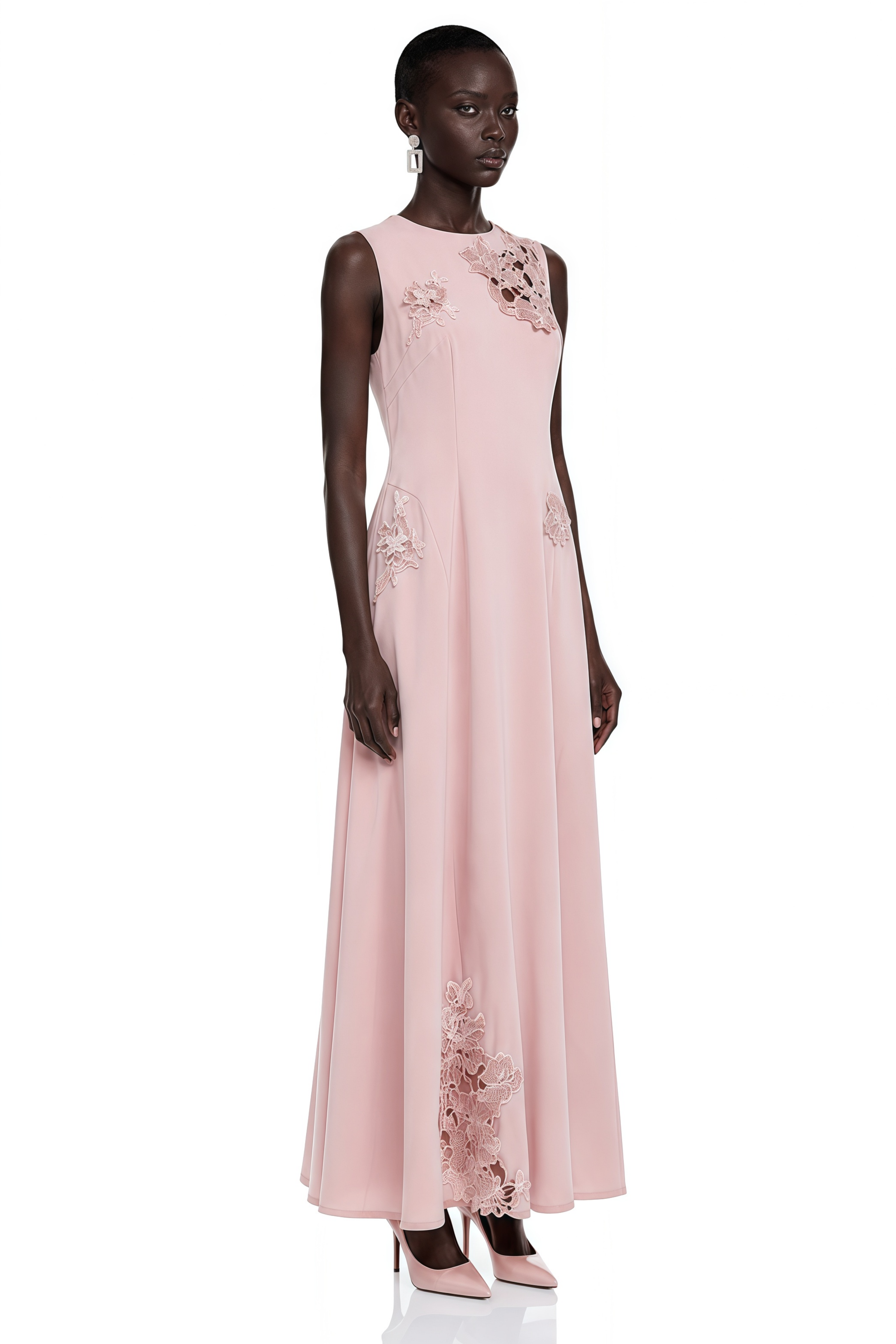 Vesper Pink Sleeveless Maxi Dress with Floral Lace Panels