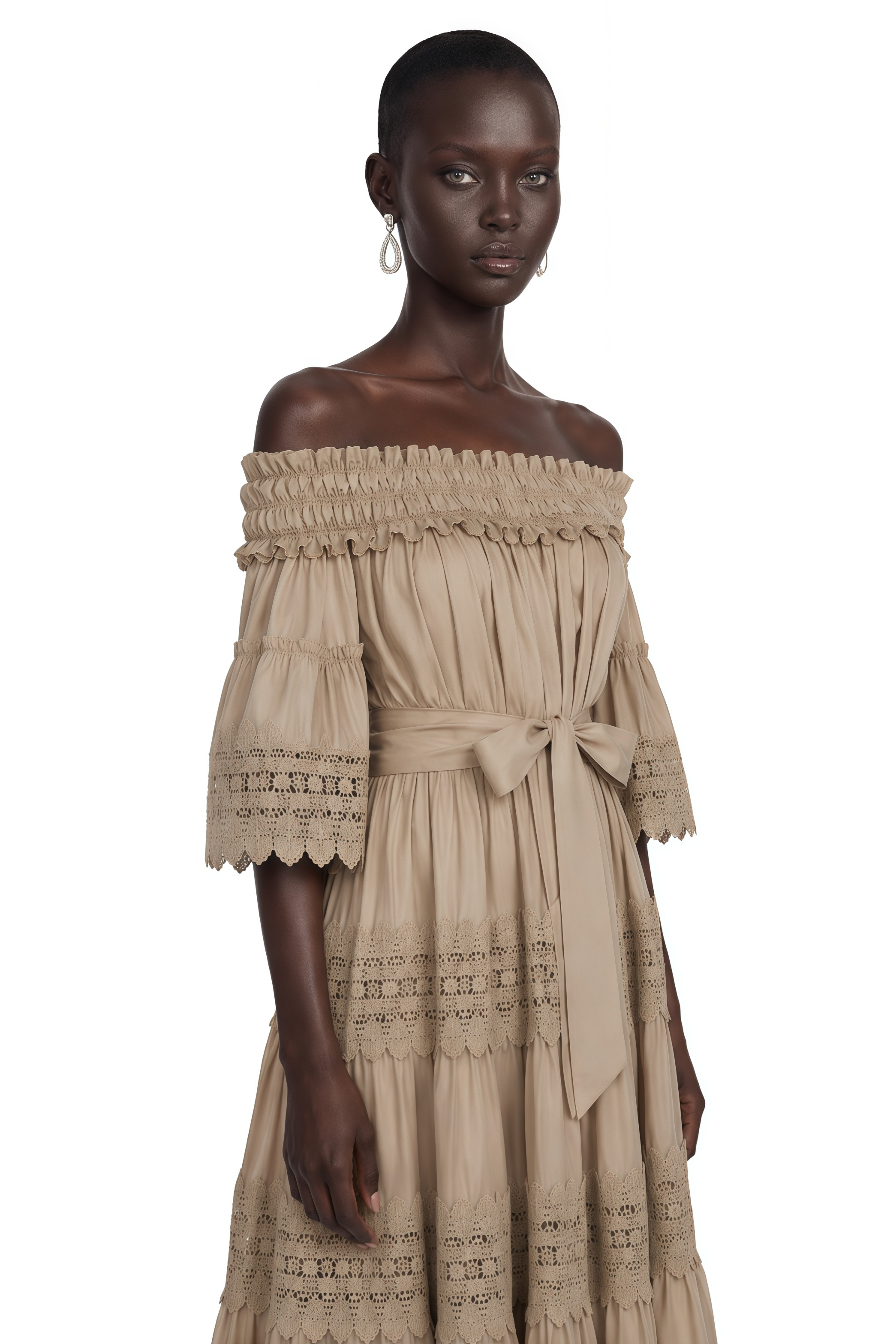 Vespera Brown Off-Shoulder Ruffled Midi Dress