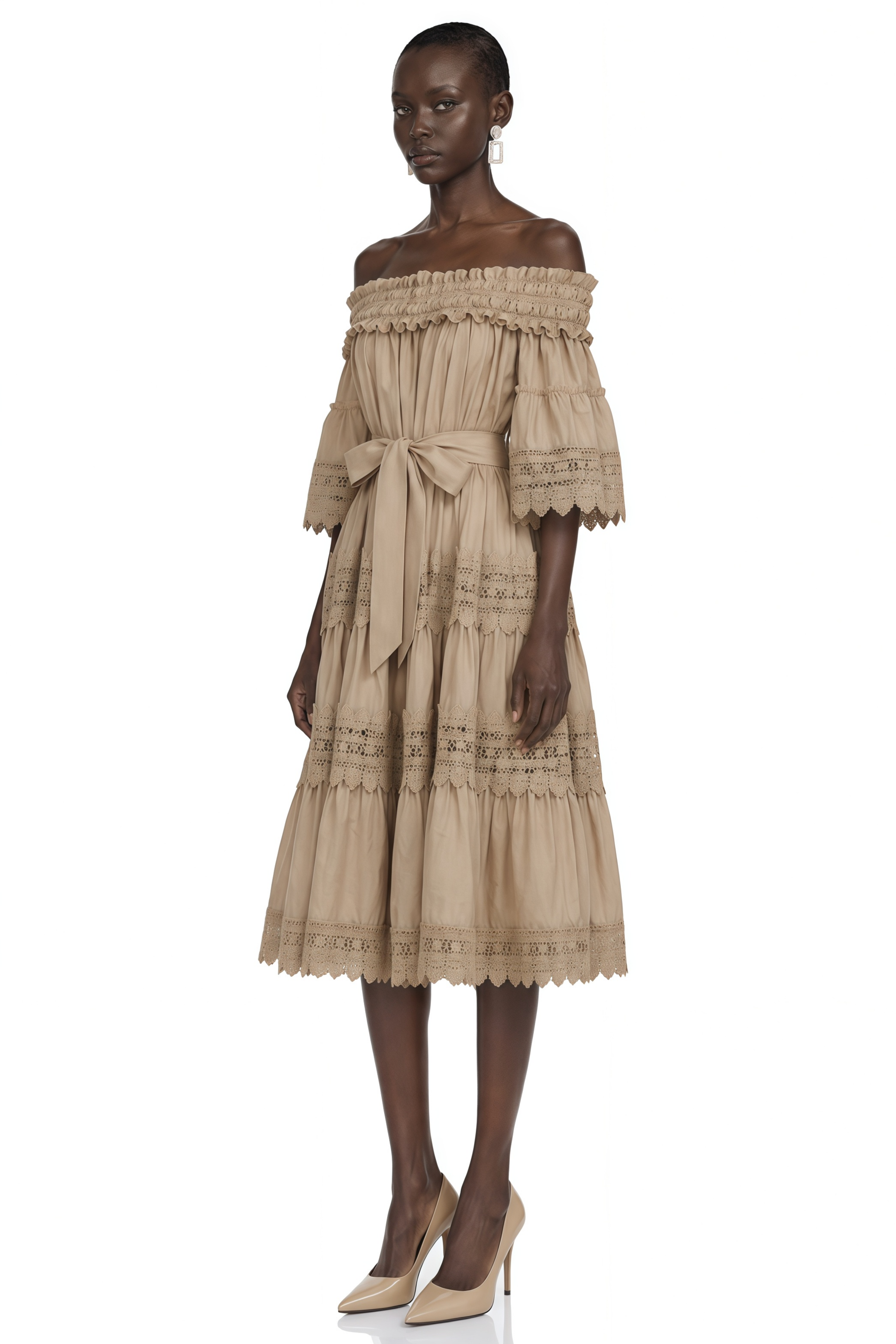 Vespera Brown Off-Shoulder Ruffled Midi Dress