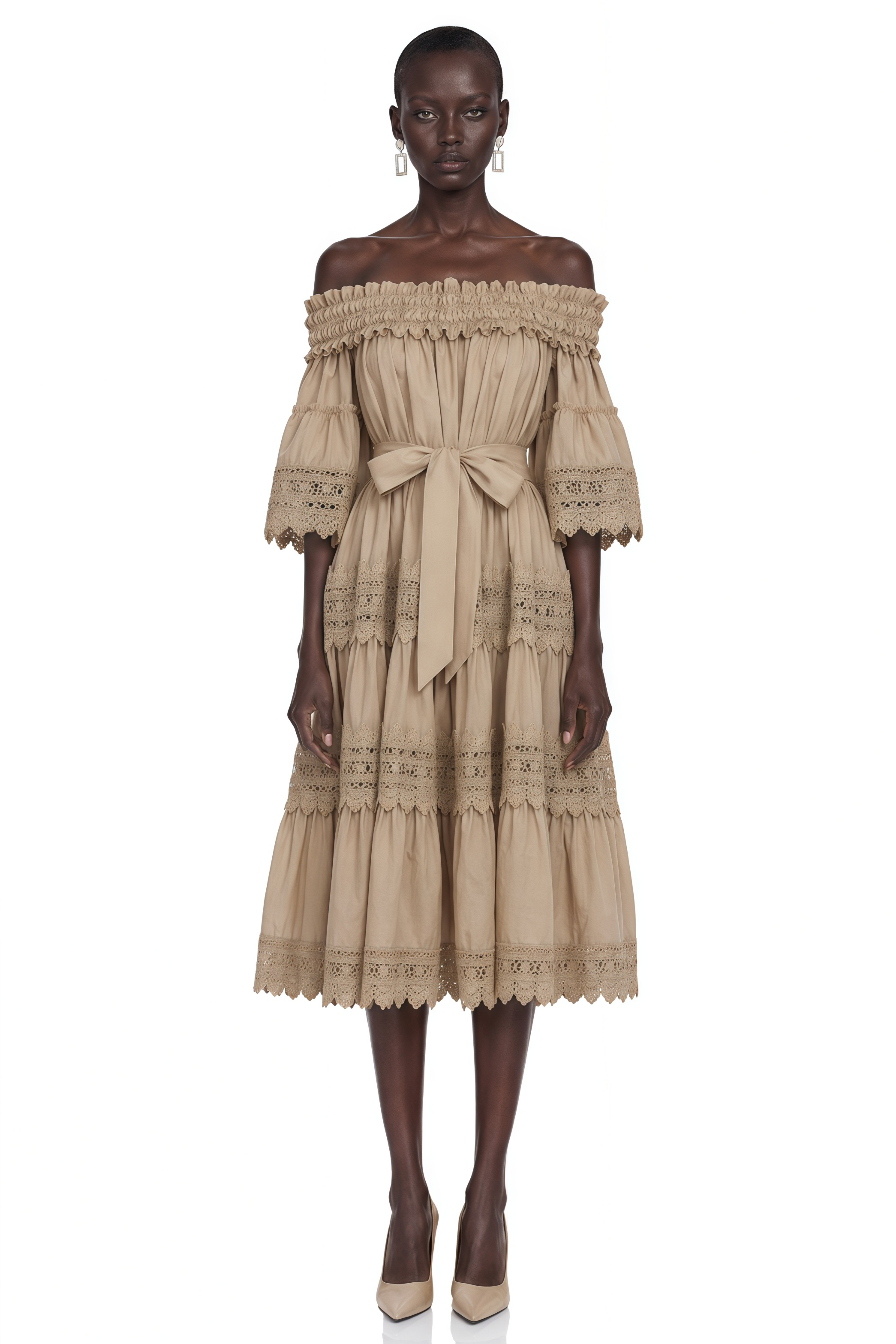Vespera Brown Off-Shoulder Ruffled Midi Dress