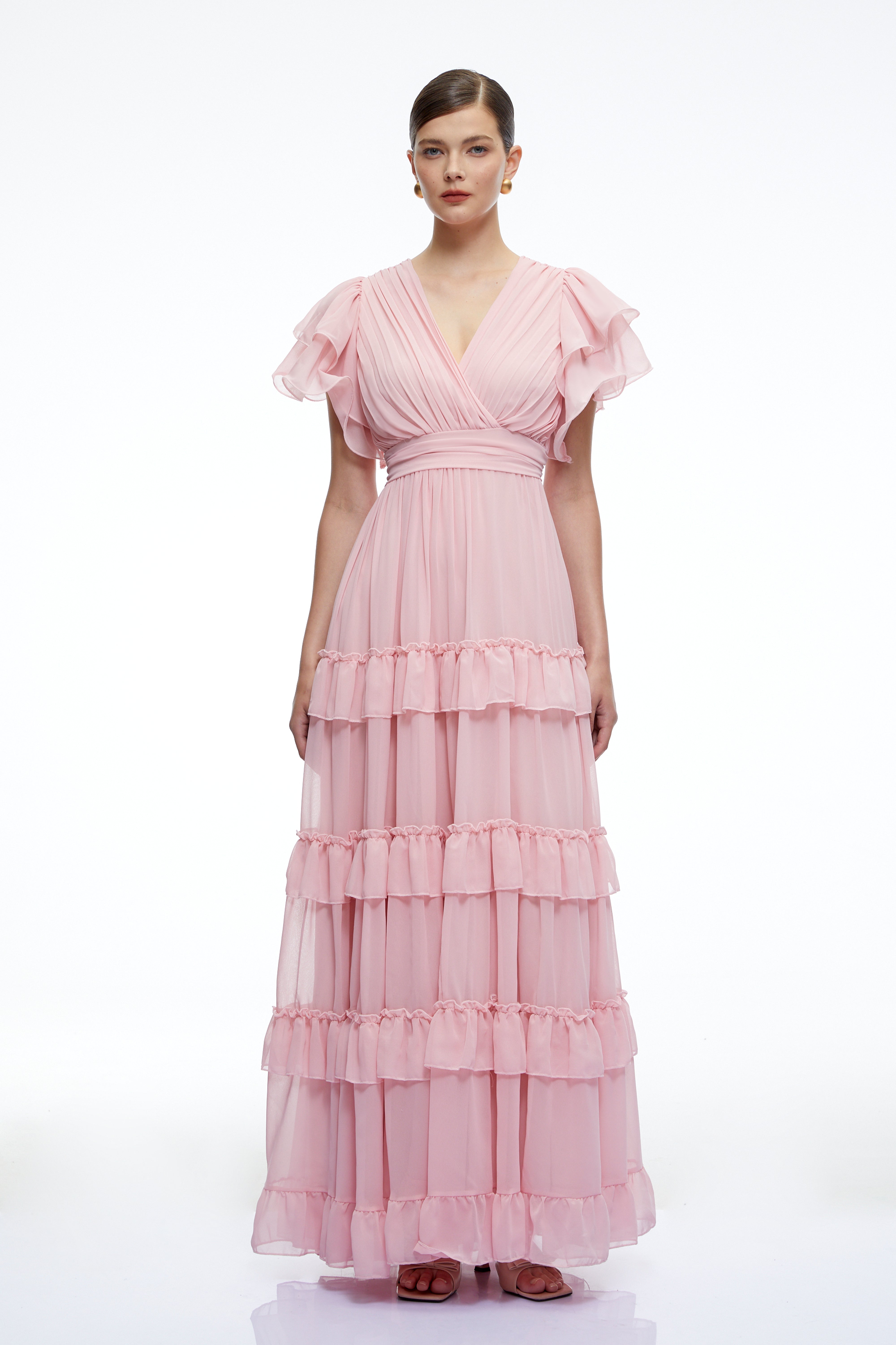 Vespera Pink V-Neck Tiered Maxi Dress with Flutter Sleeves
