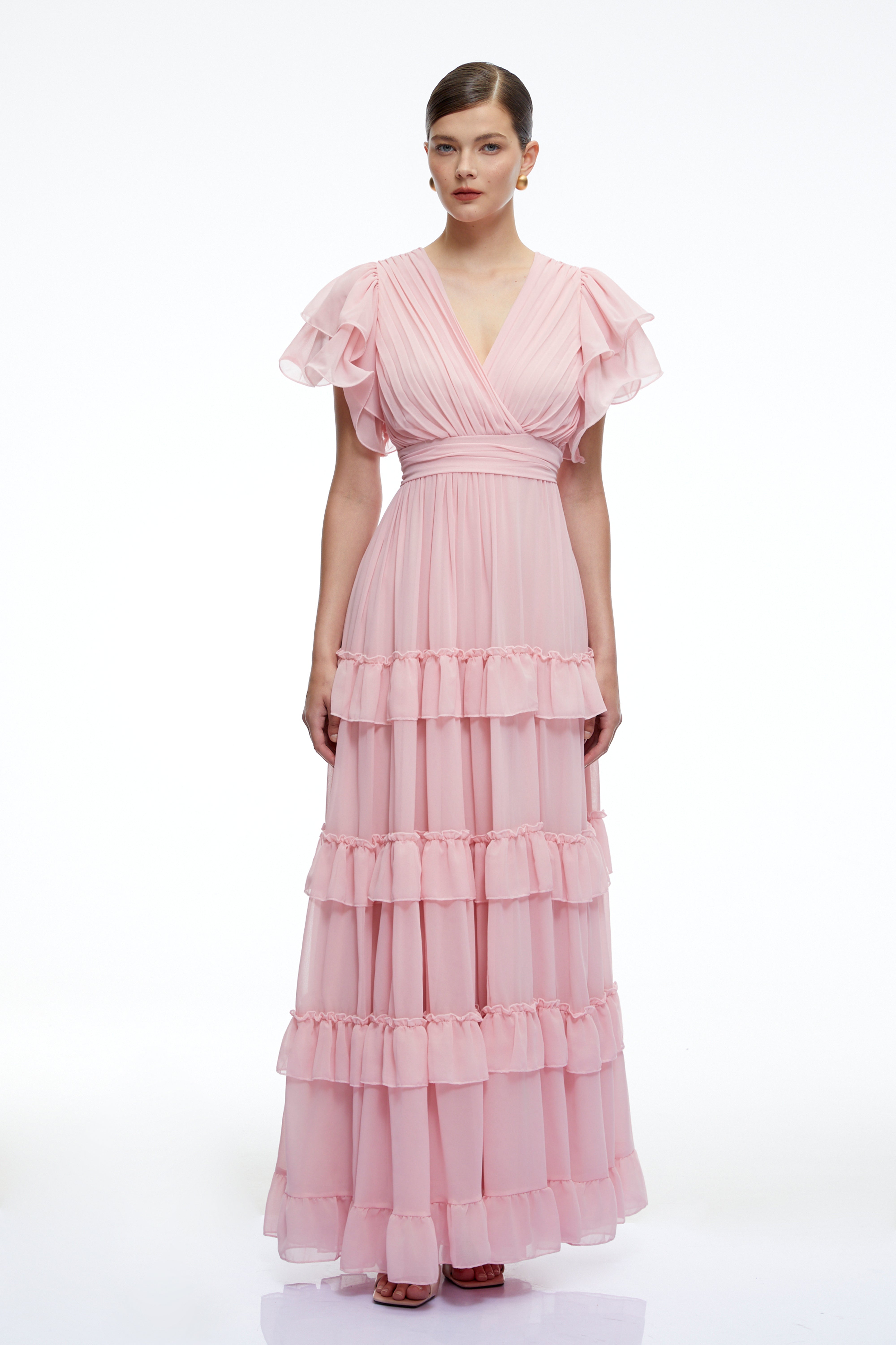Vespera Pink V-Neck Tiered Maxi Dress with Flutter Sleeves