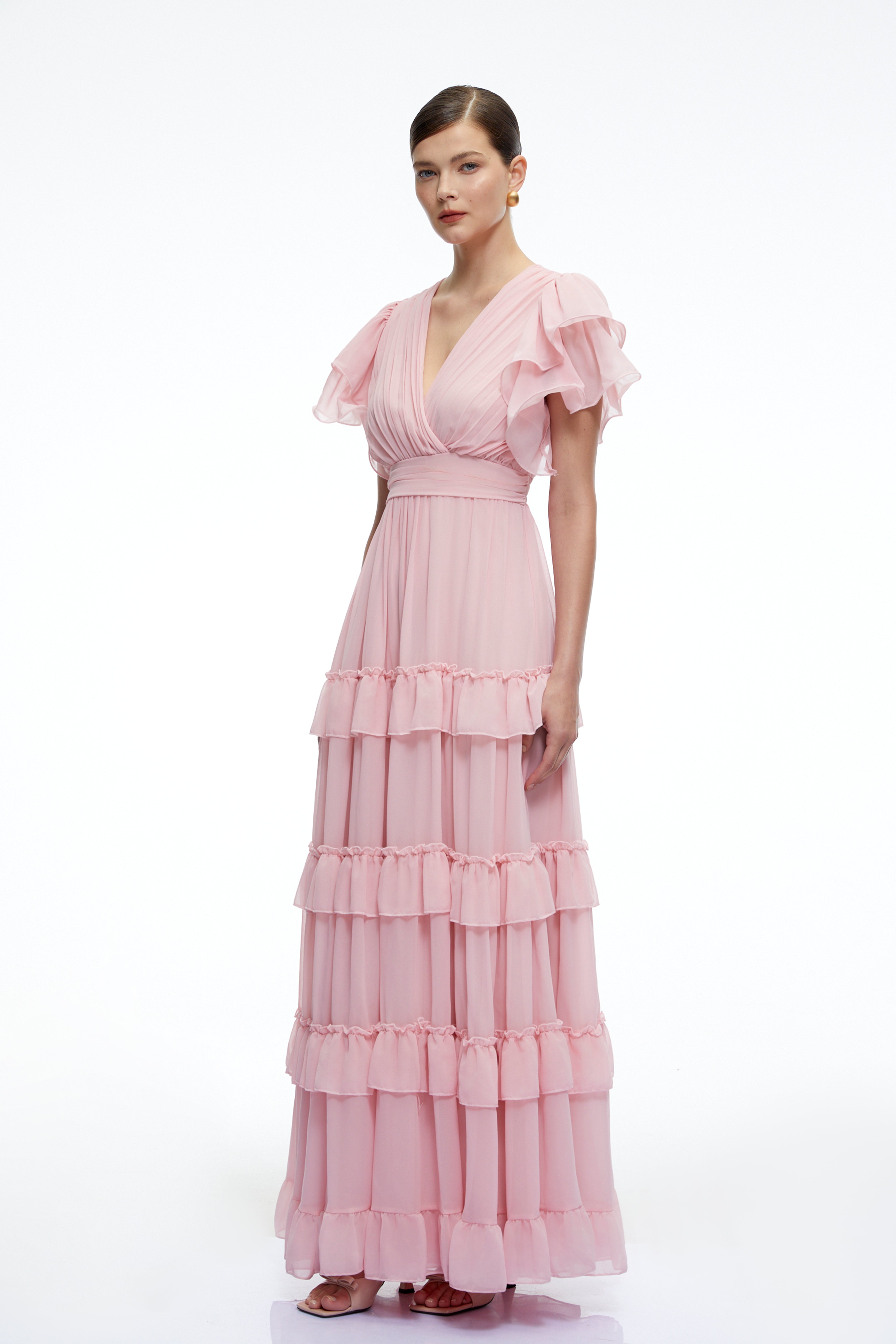 Vespera Pink V-Neck Tiered Maxi Dress with Flutter Sleeves