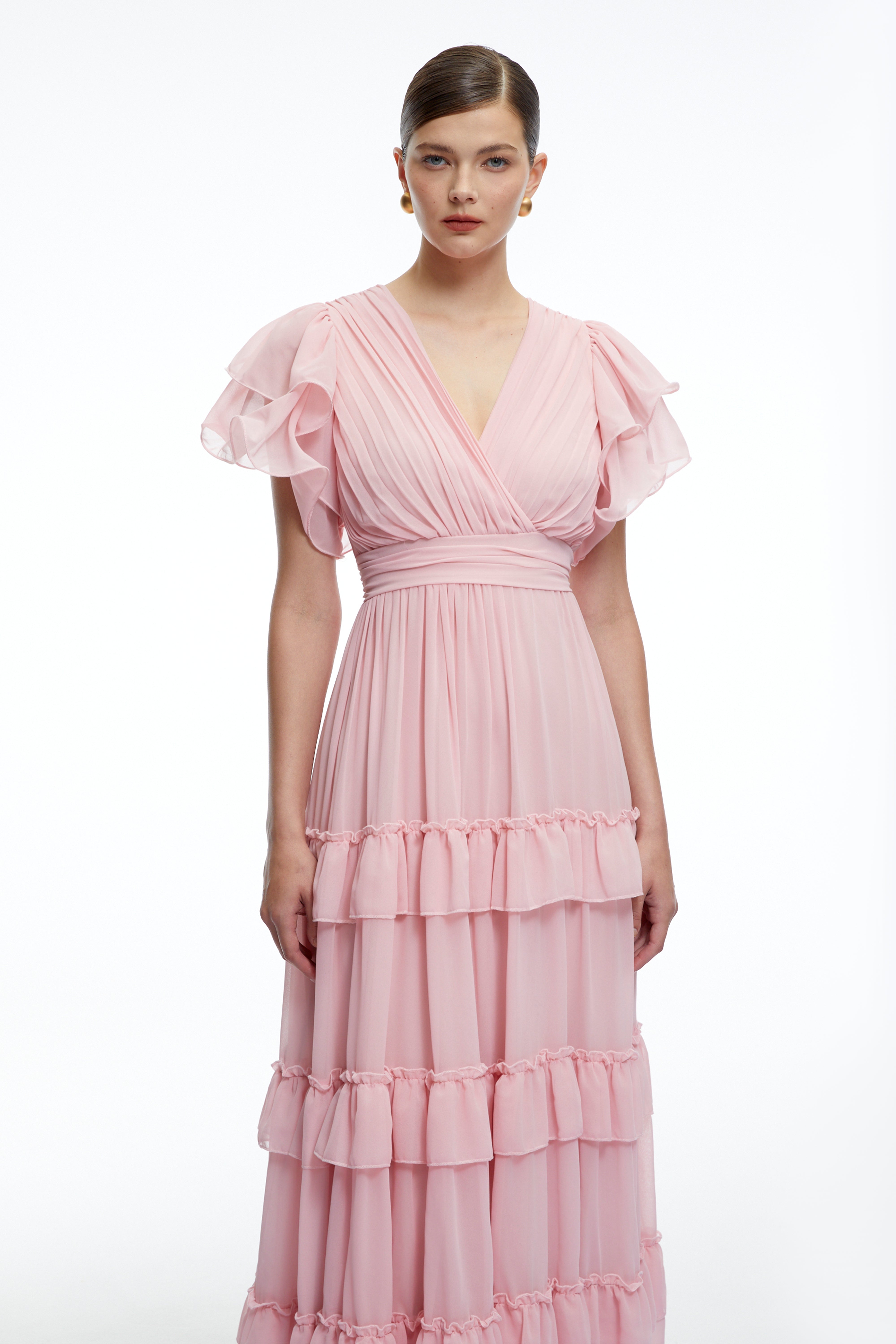 Vespera Pink V-Neck Tiered Maxi Dress with Flutter Sleeves