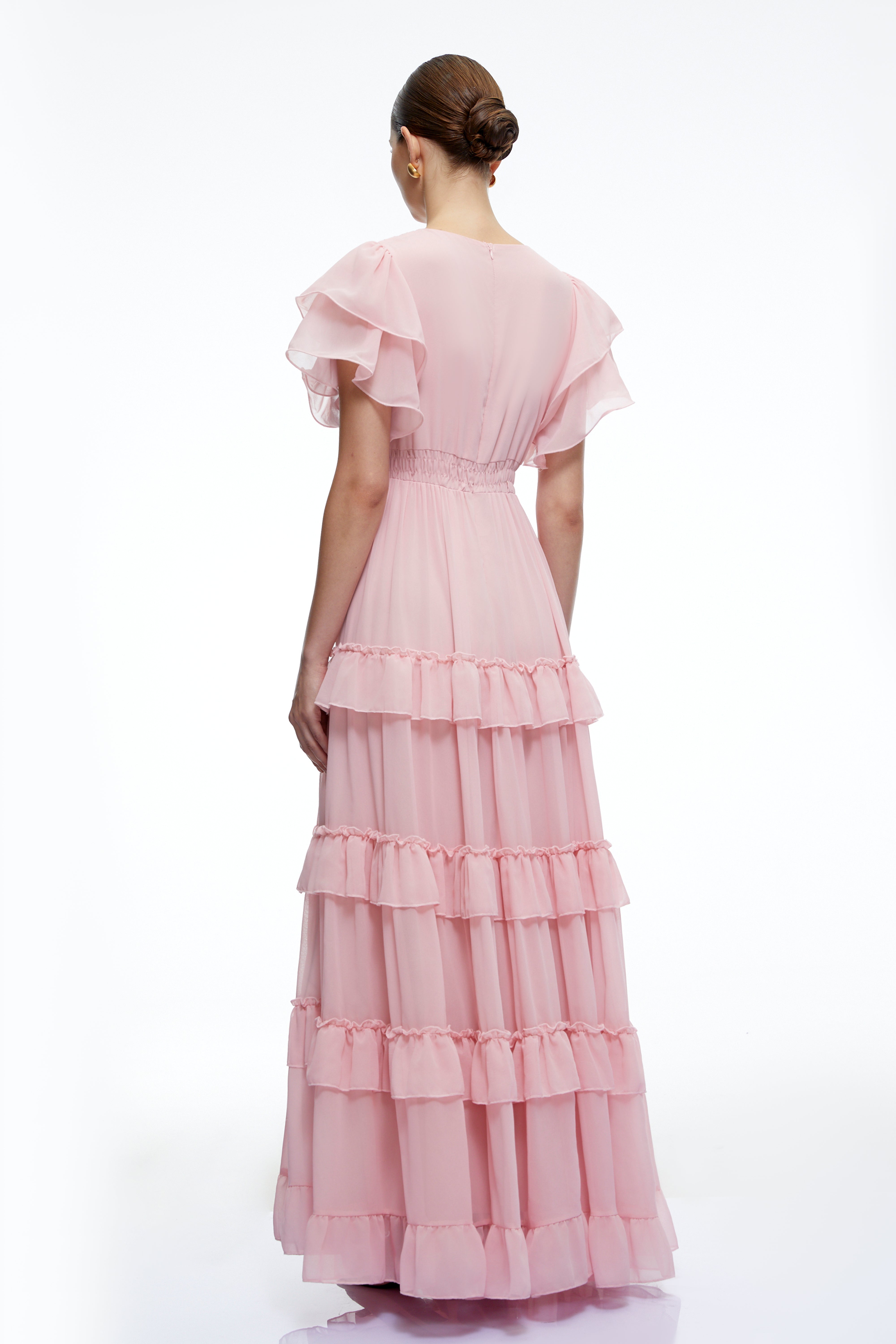 Vespera Pink V-Neck Tiered Maxi Dress with Flutter Sleeves