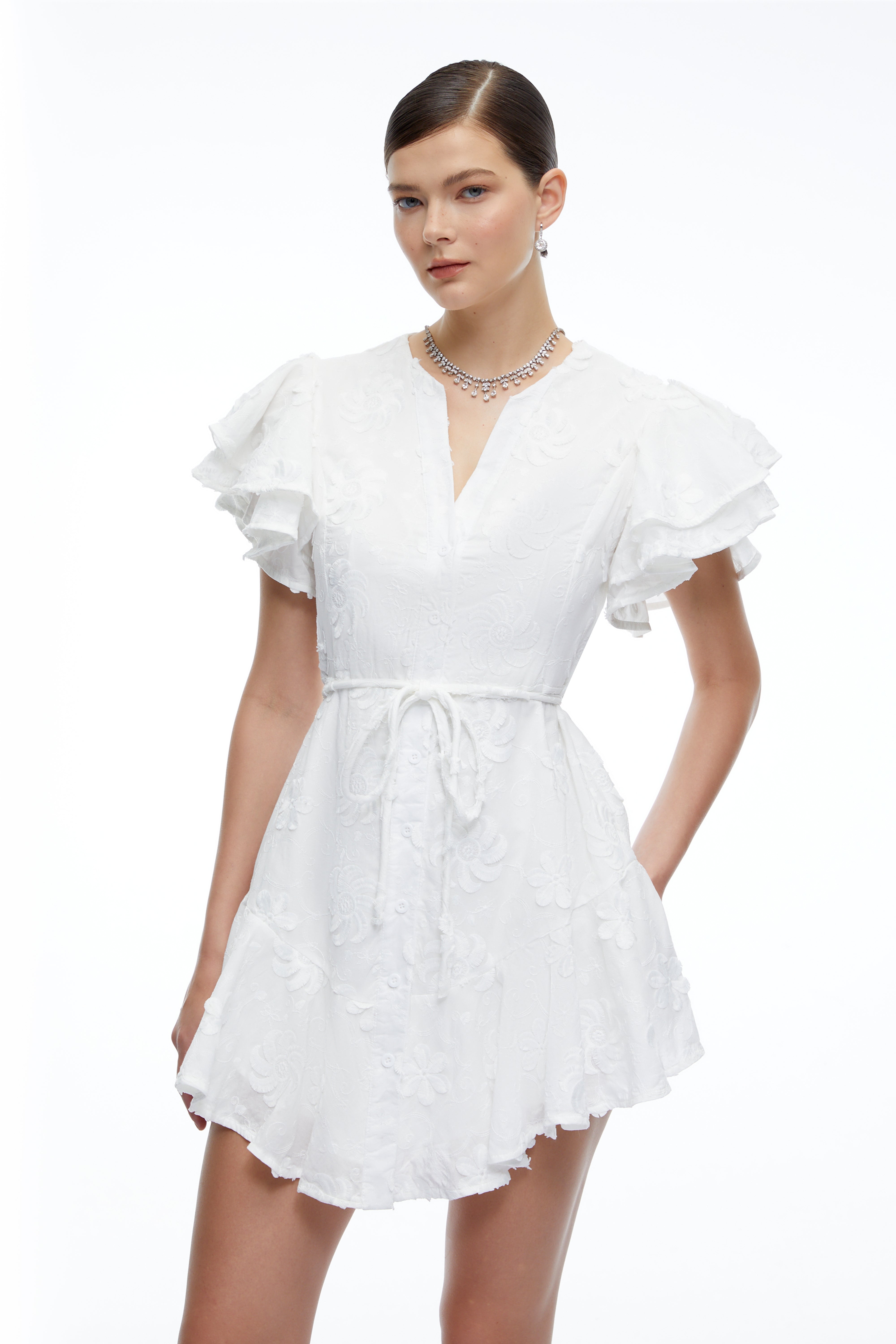Violetta White Embroidered Mini Dress with Flutter Sleeves