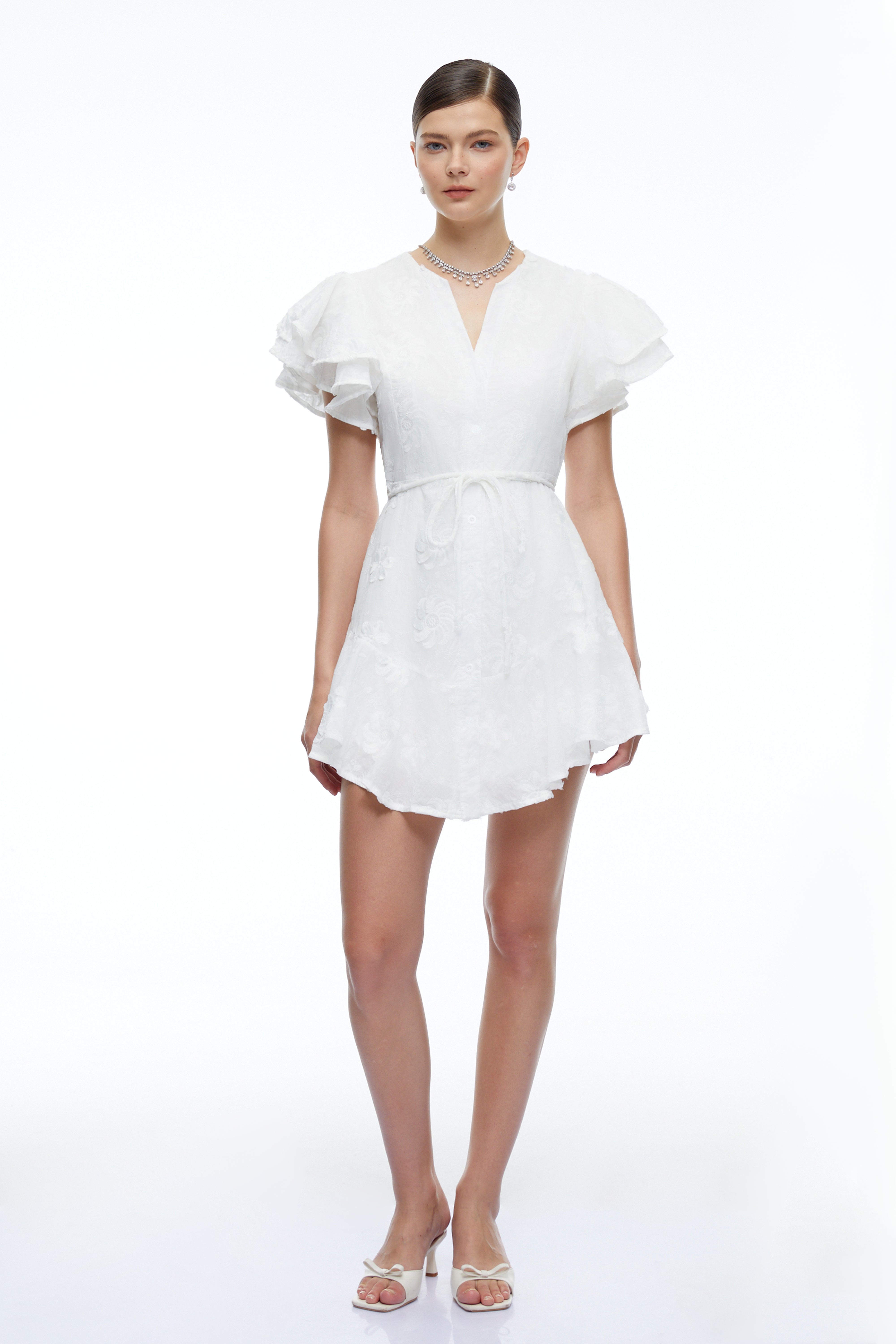 Violetta White Embroidered Mini Dress with Flutter Sleeves