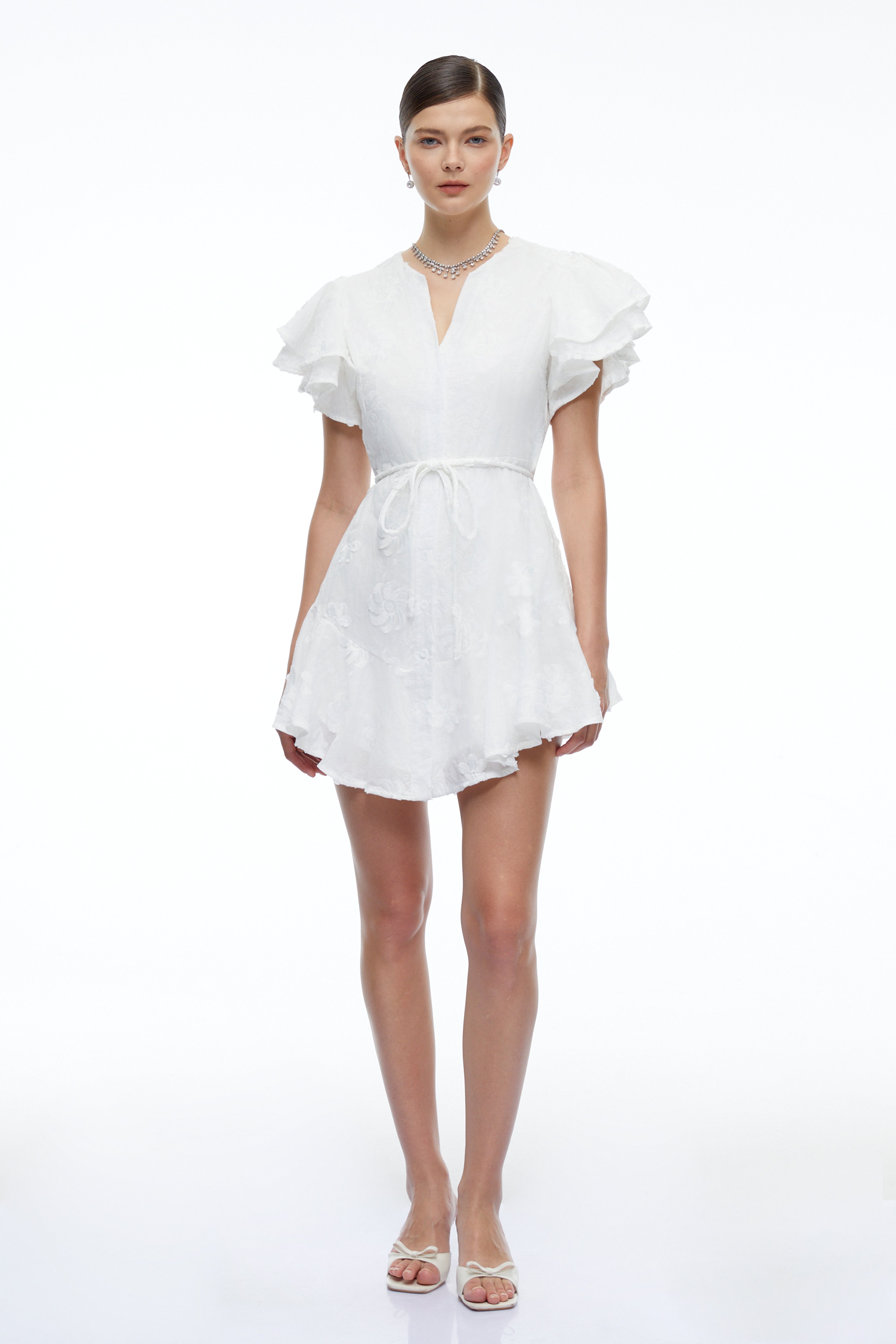 Violetta White Embroidered Mini Dress with Flutter Sleeves