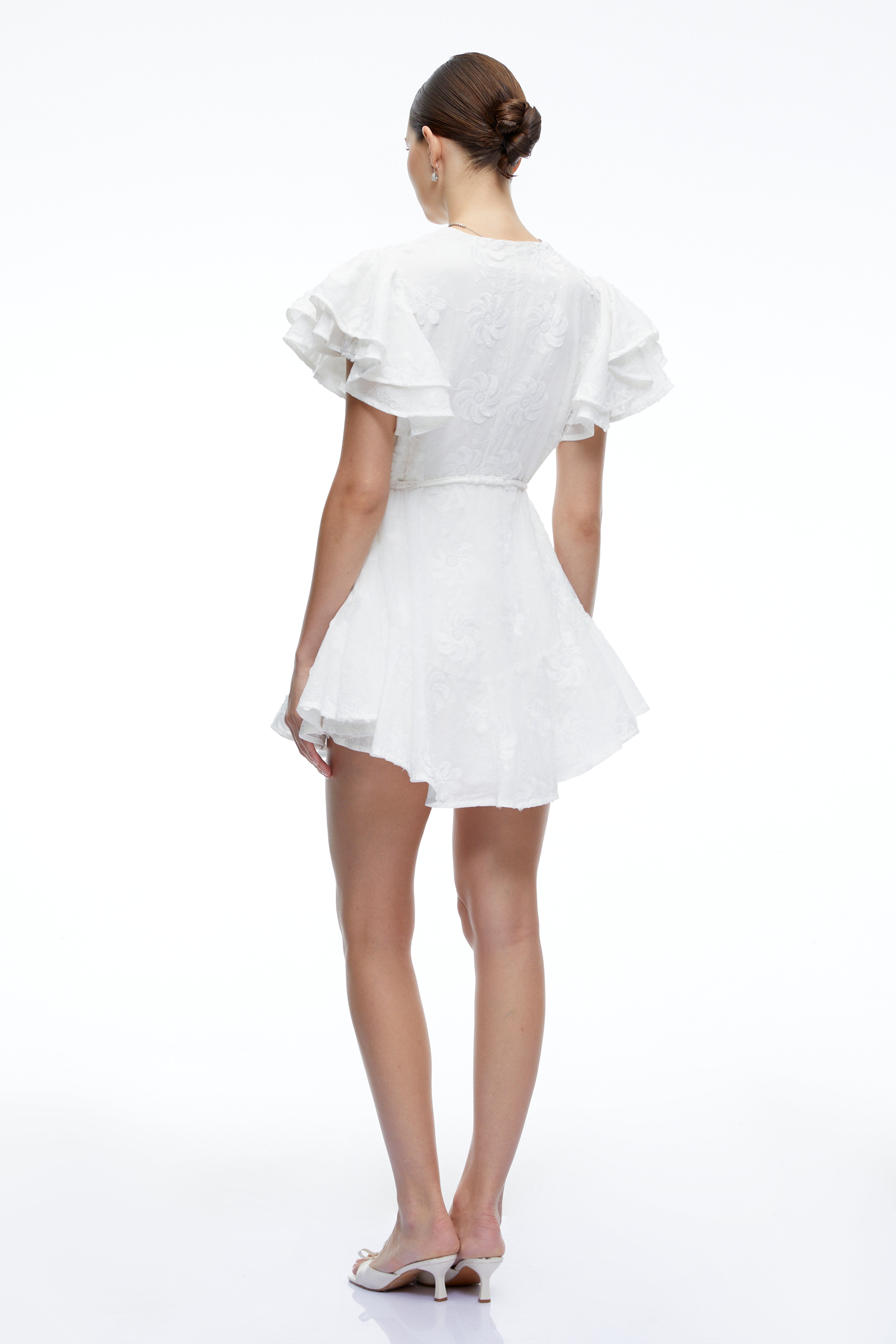 Violetta White Embroidered Mini Dress with Flutter Sleeves