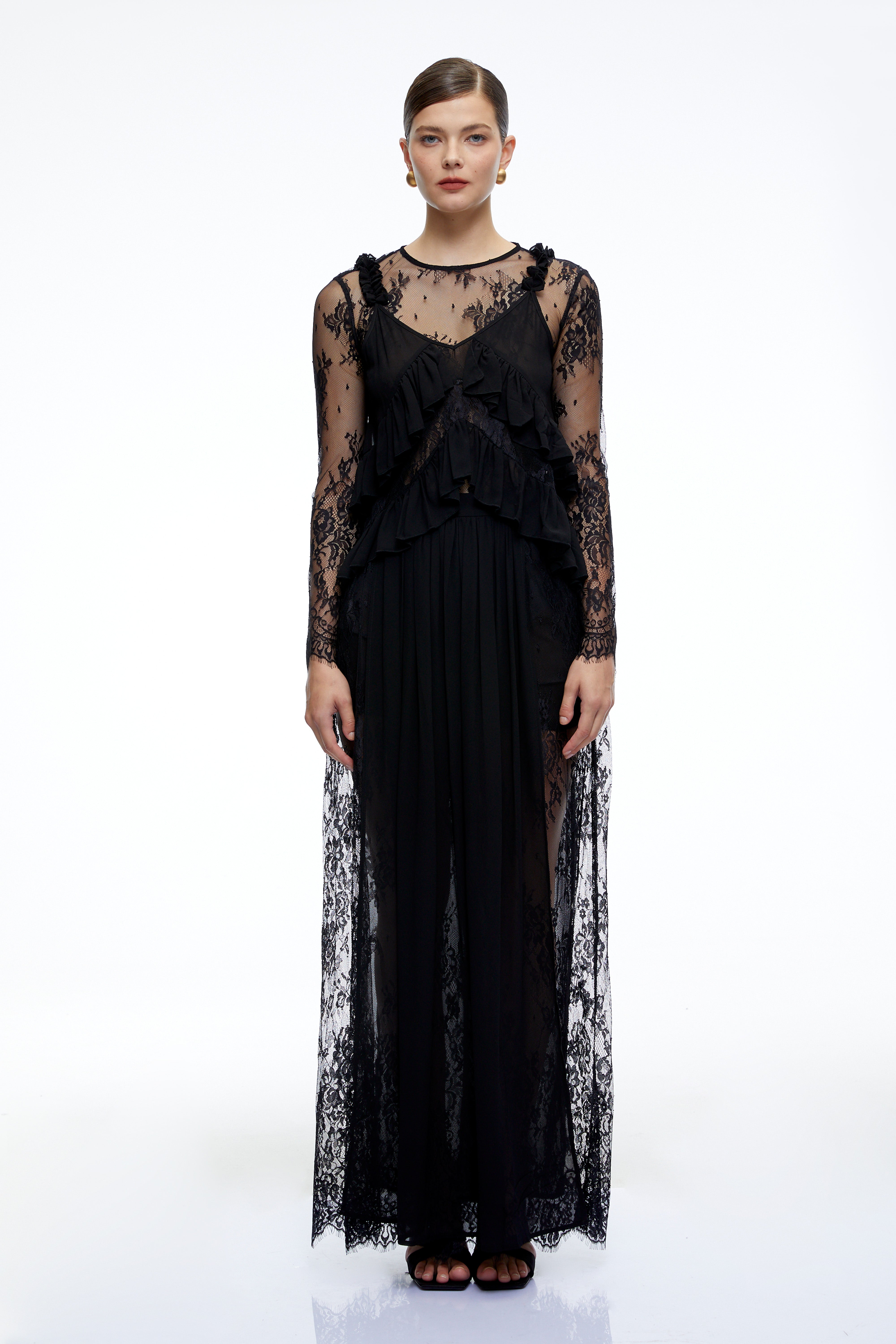 Vivian Black Sheer Lace Long Sleeves Ruffled Maxi Dress