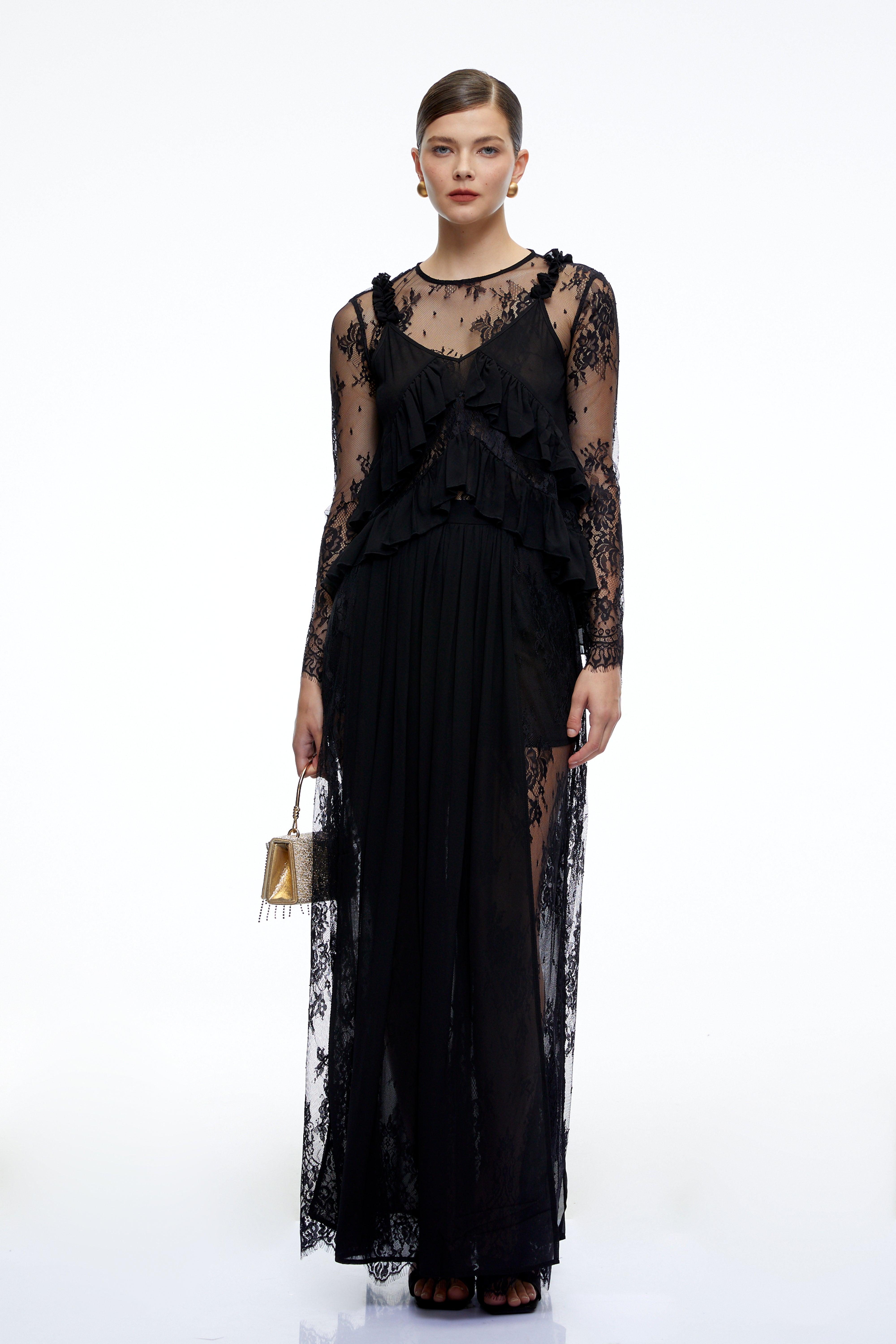 Vivian Black Sheer Lace Long Sleeves Ruffled Maxi Dress
