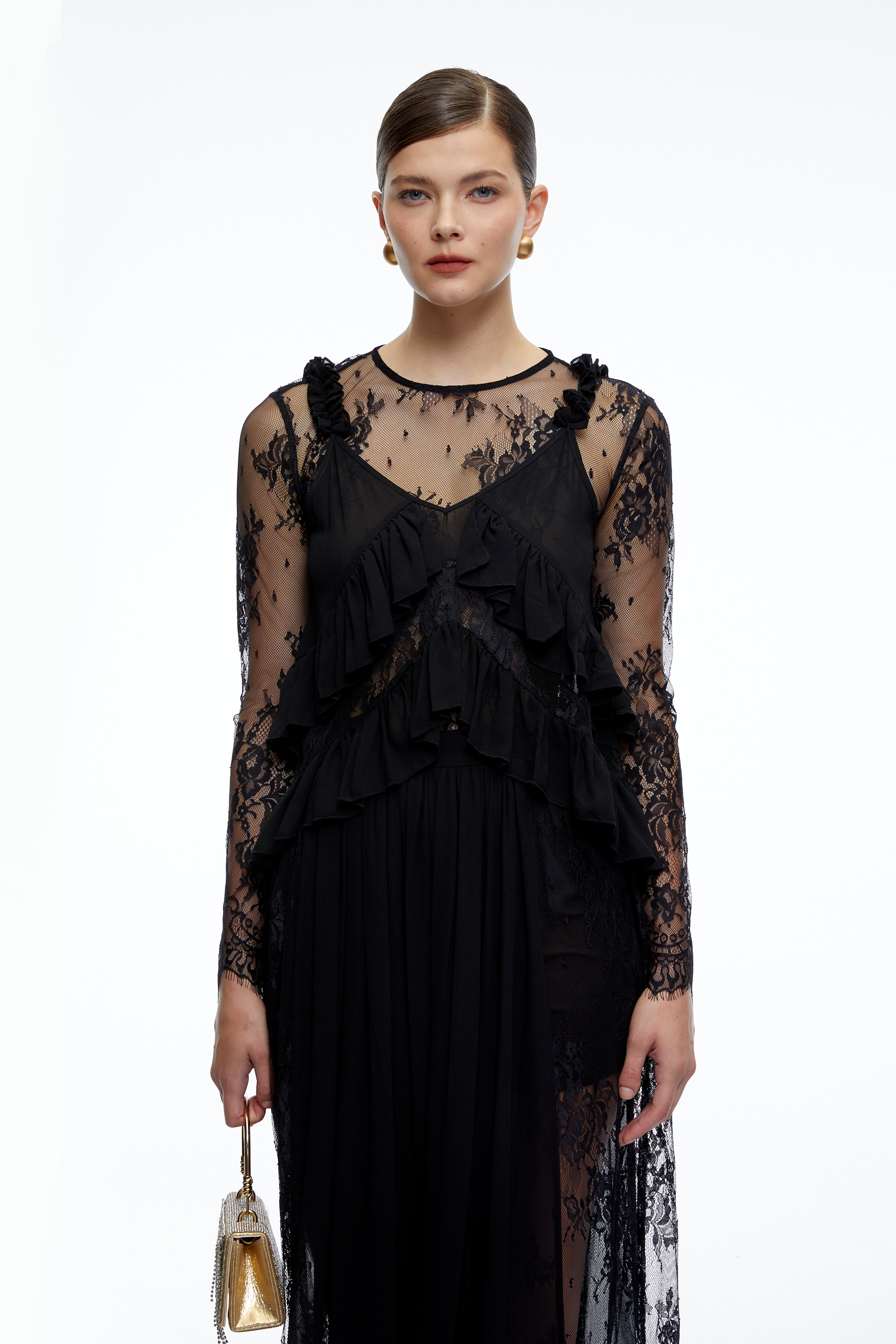 Vivian Black Sheer Lace Long Sleeves Ruffled Maxi Dress