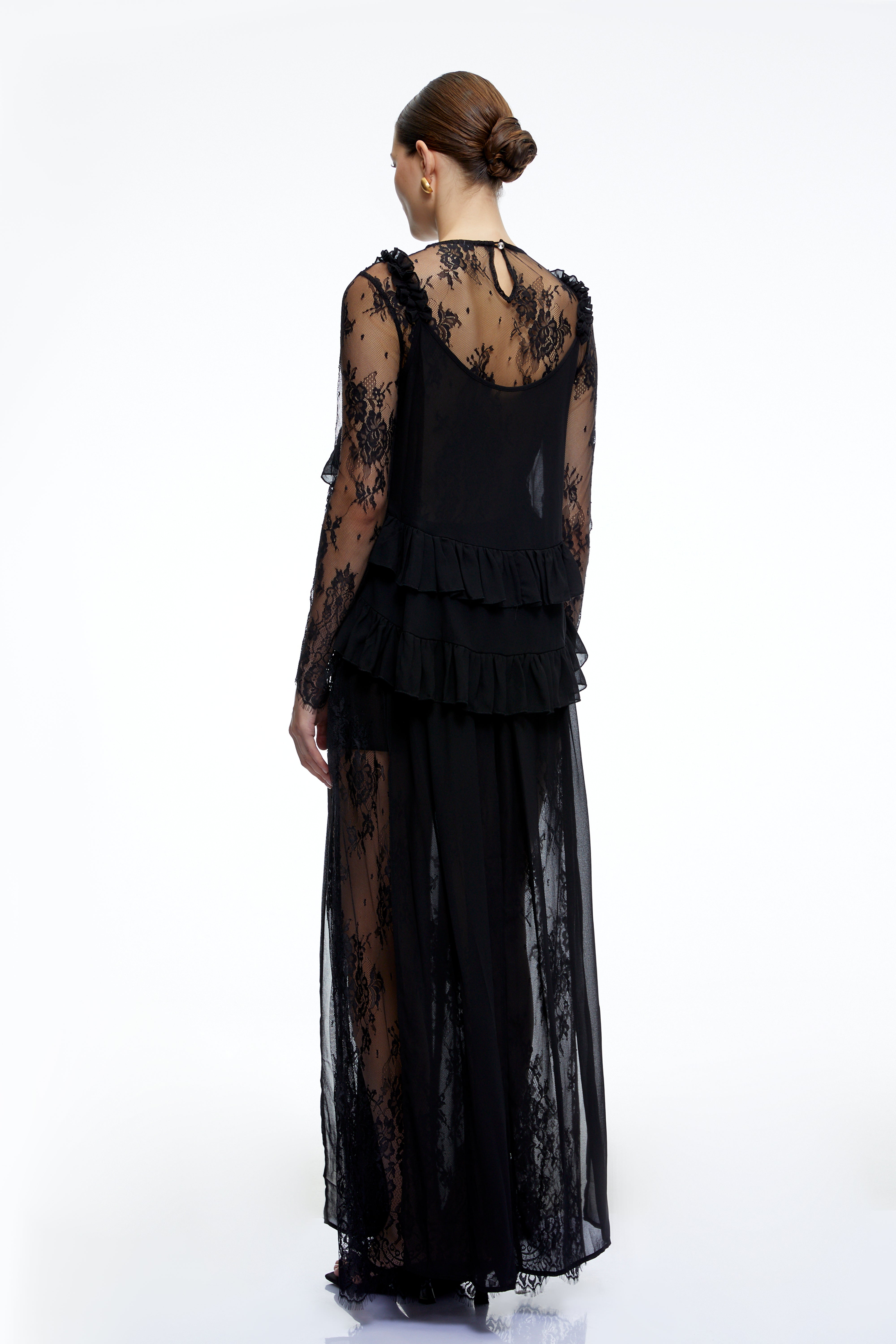 Vivian Black Sheer Lace Long Sleeves Ruffled Maxi Dress
