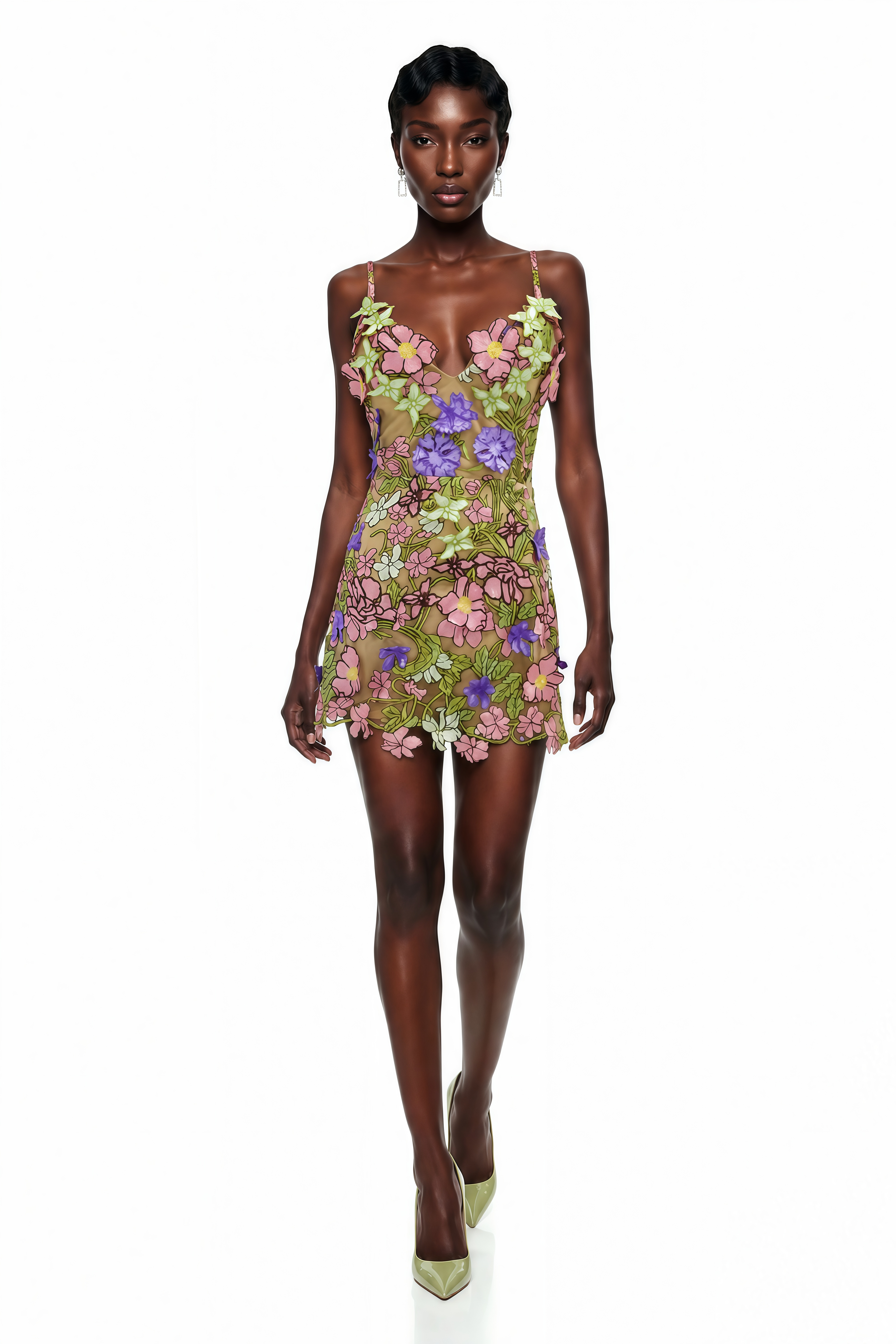 Mini-robe Wakatipu verte à col en V avec motifs floraux en 3D (Vente définitive - États-Unis uniquement)