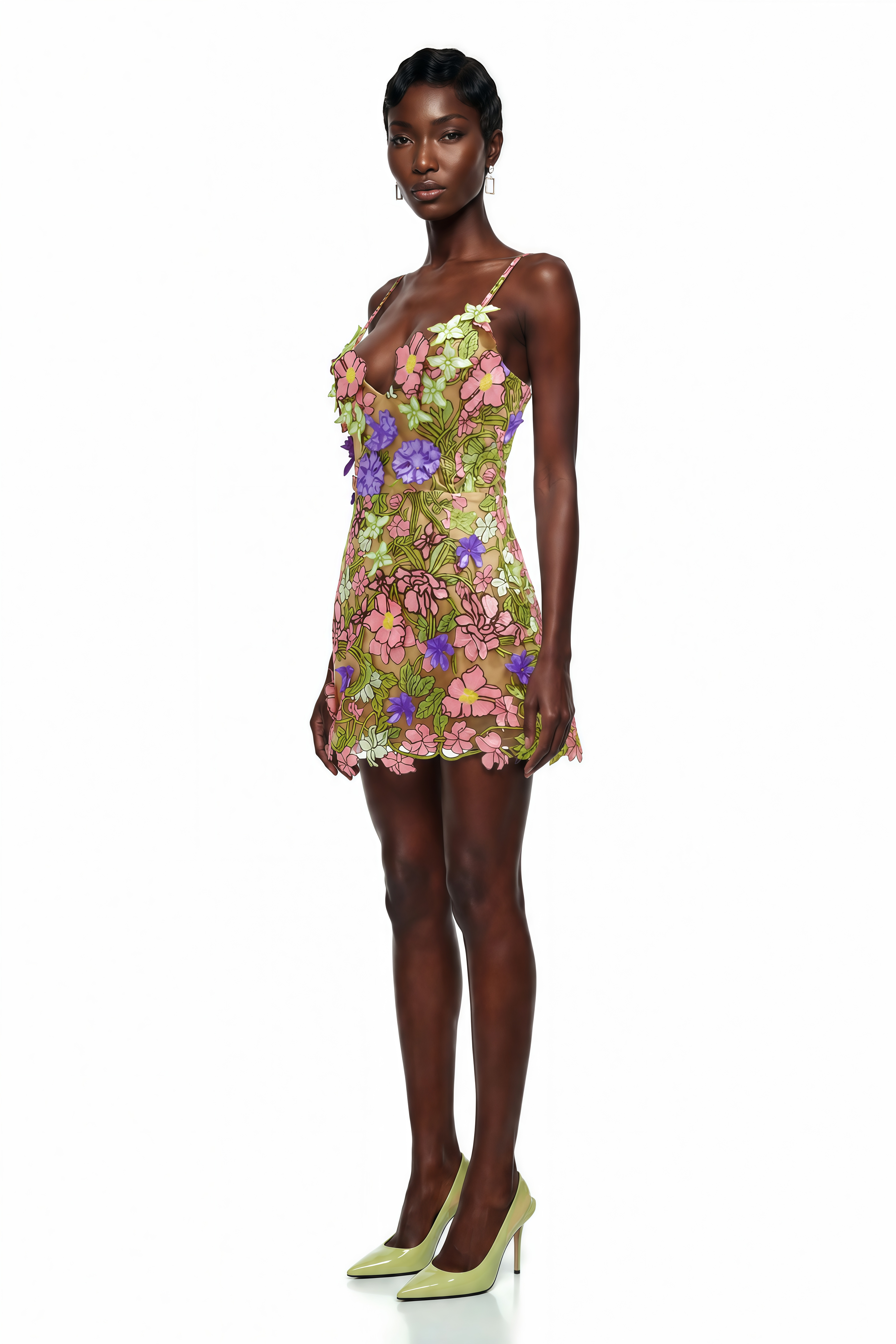 Mini-robe Wakatipu verte à col en V avec motifs floraux en 3D (Vente définitive - États-Unis uniquement)