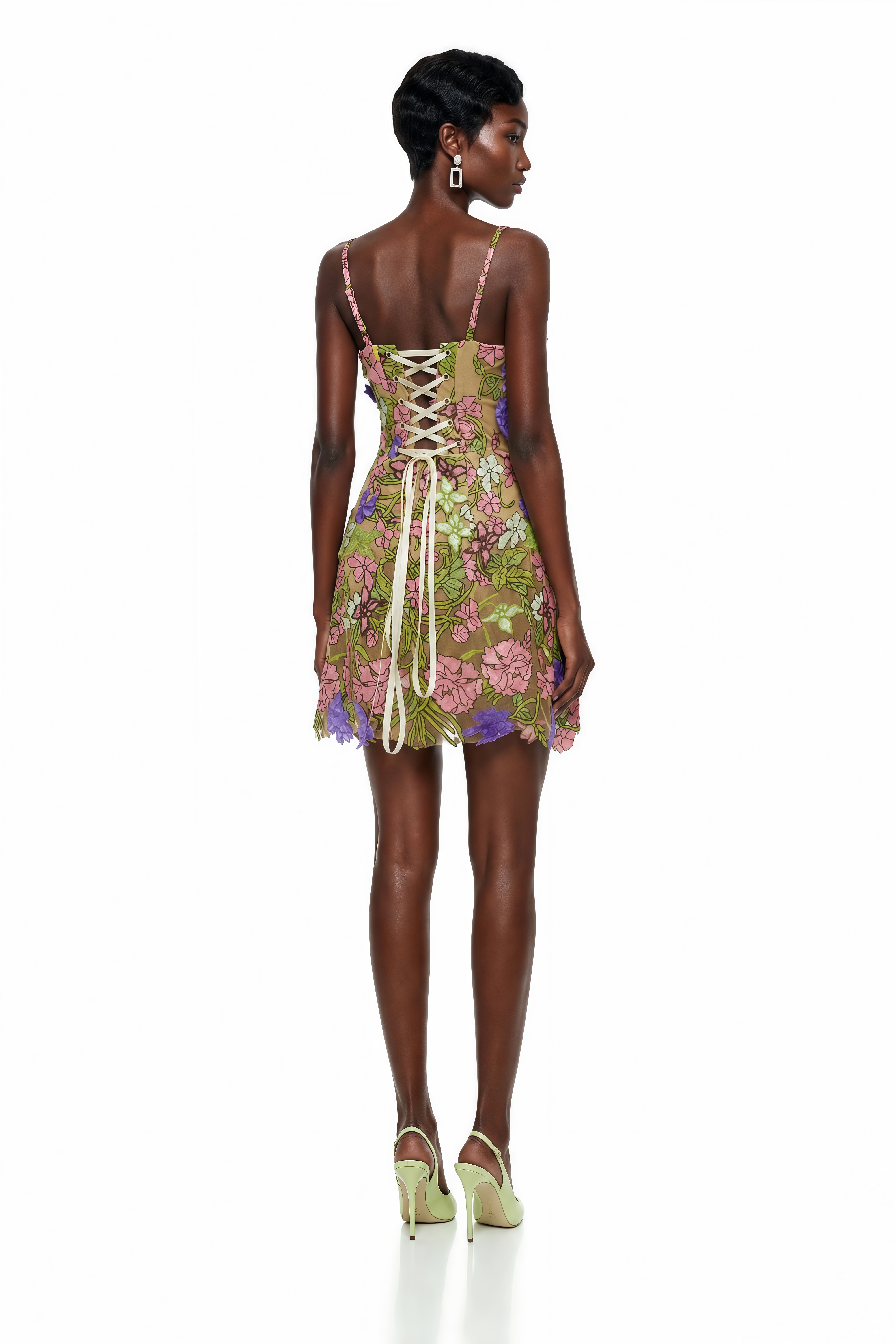 Mini-robe Wakatipu verte à col en V avec motifs floraux en 3D (Vente définitive - États-Unis uniquement)