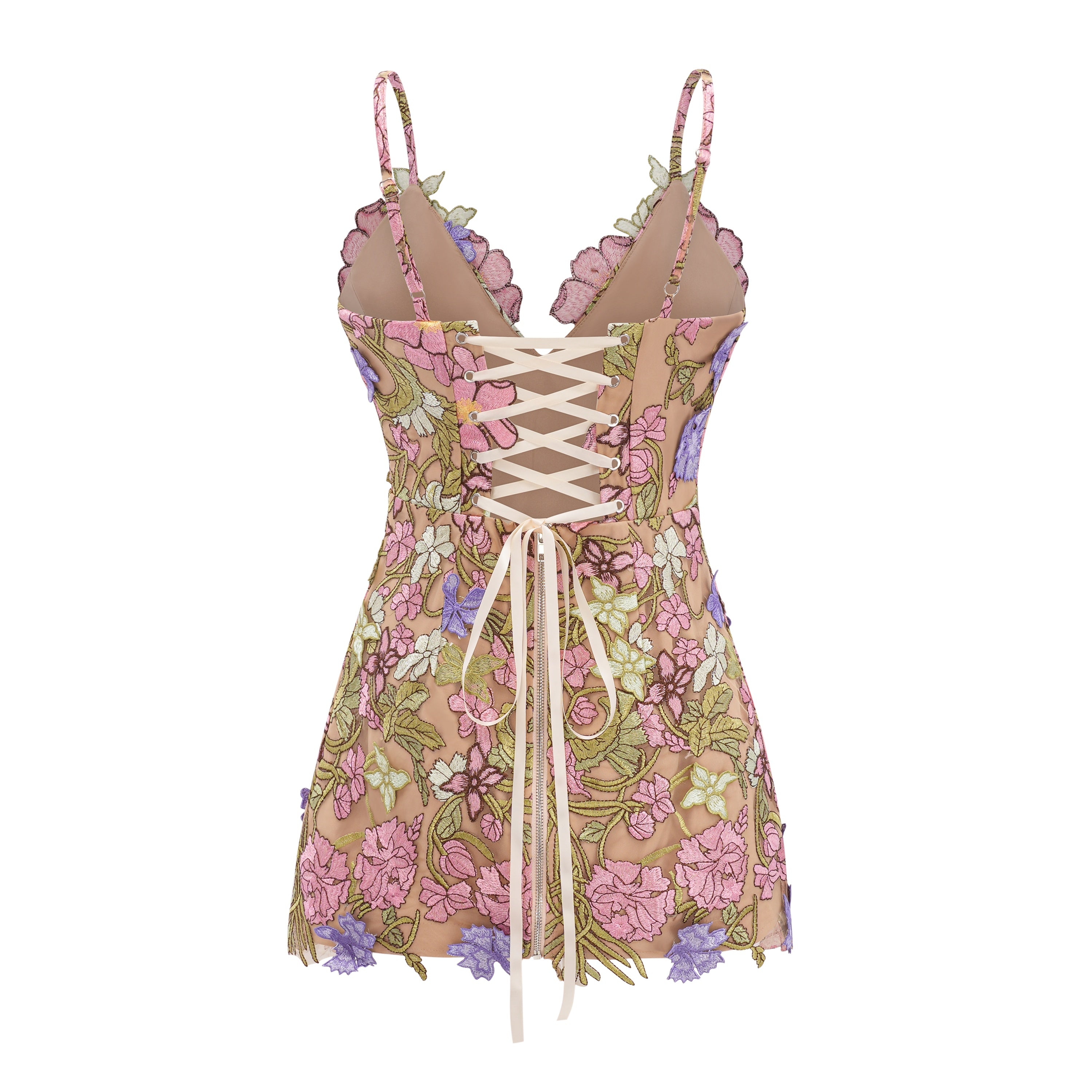 Wakatipu Green V-Neck Mini Dress with 3D Florals