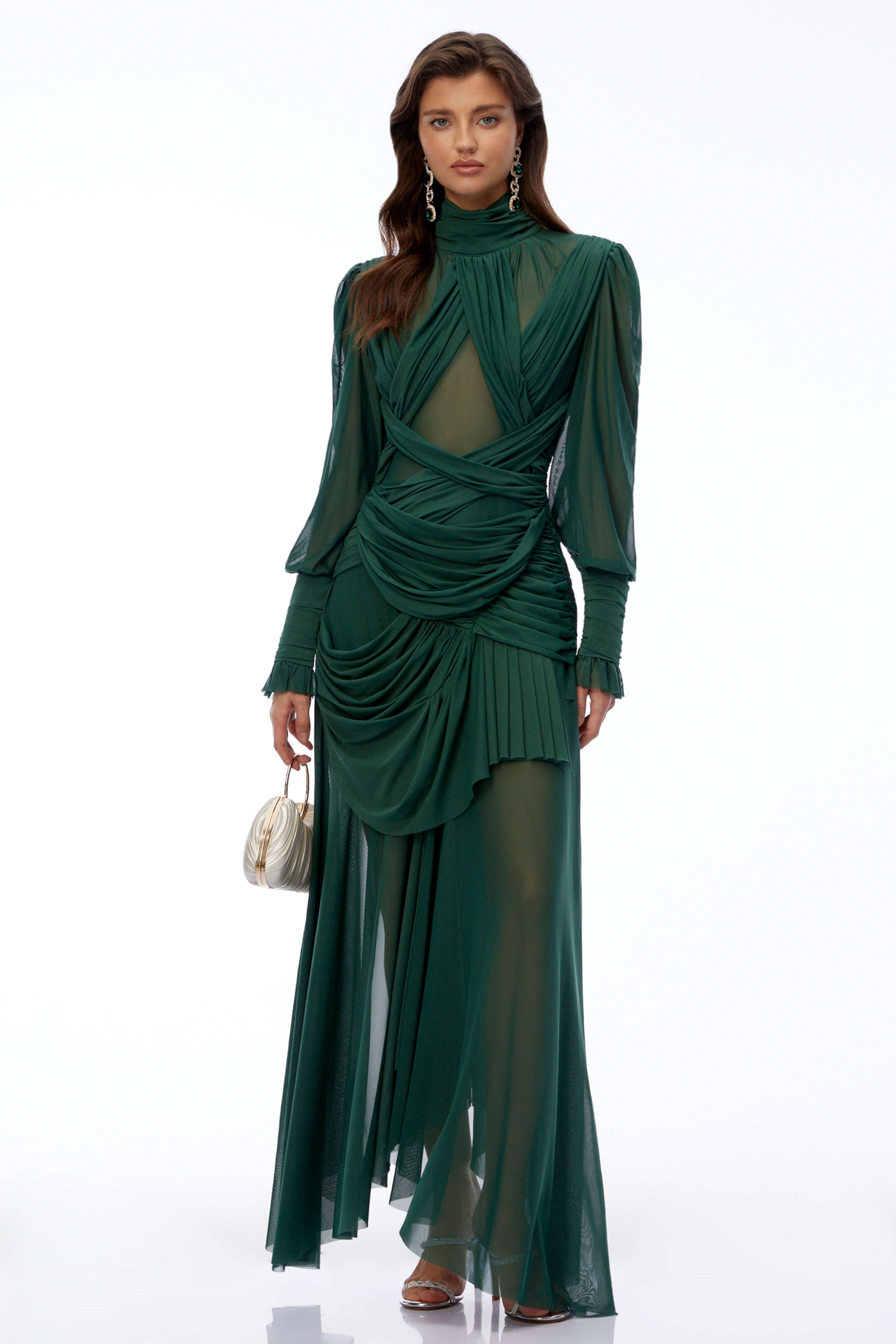 Wania Dark Green Cross Front Ruched Maxi Dress