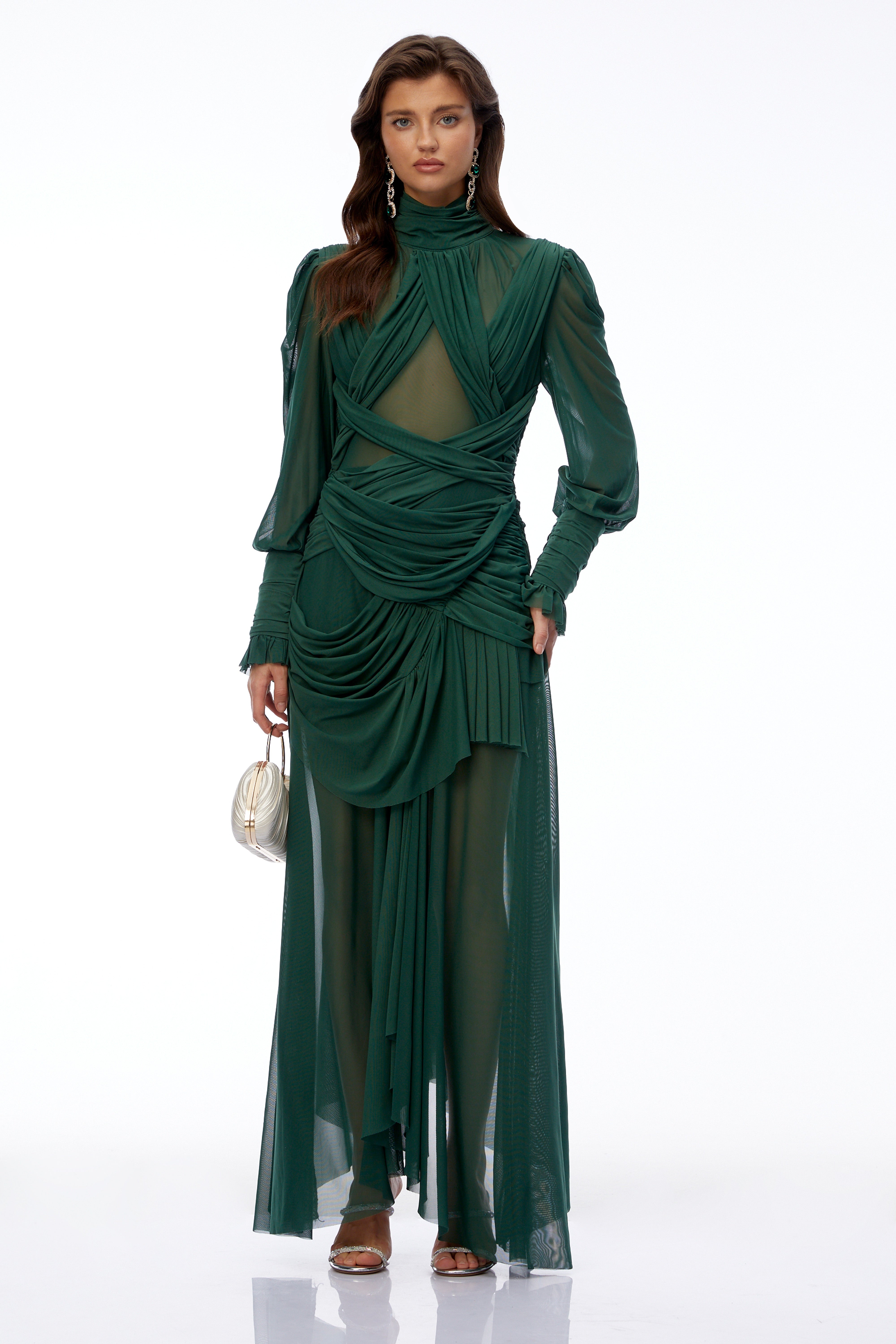 Wania Dark Green Cross Front Ruched Maxi Dress
