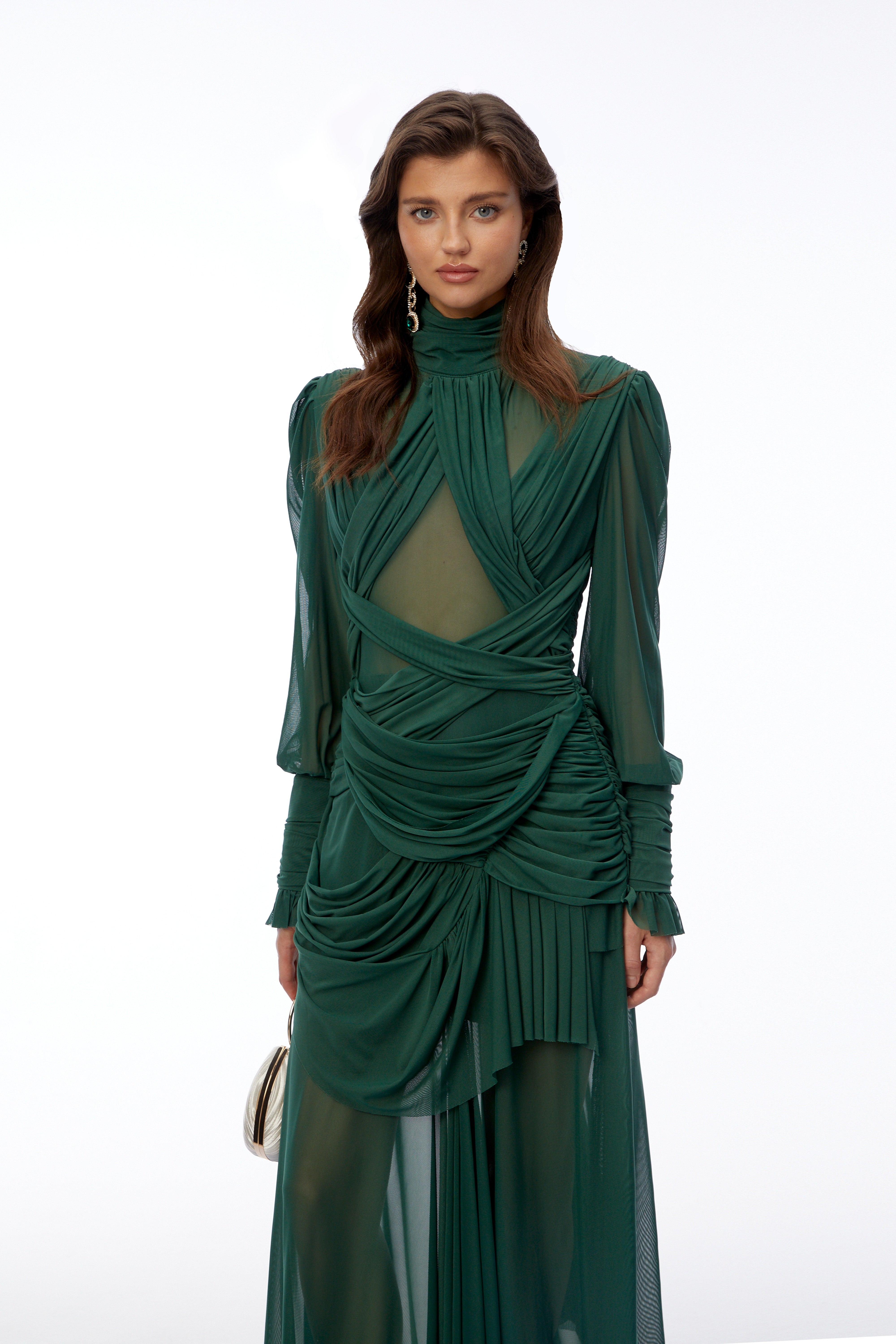 Wania Dark Green Cross Front Ruched Maxi Dress