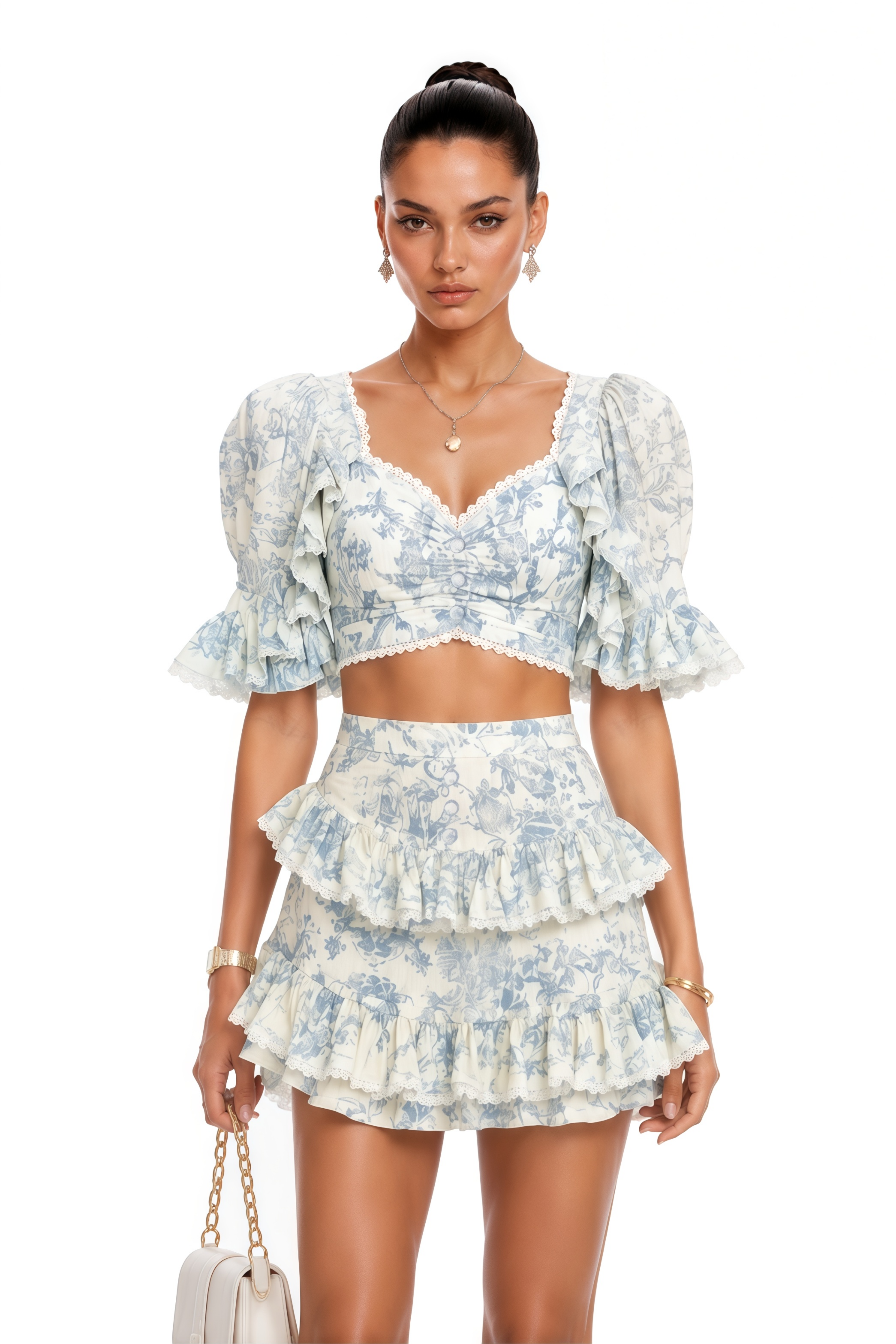 Whina Blue Puff Sleeve Floral Print Top & Skirt Set