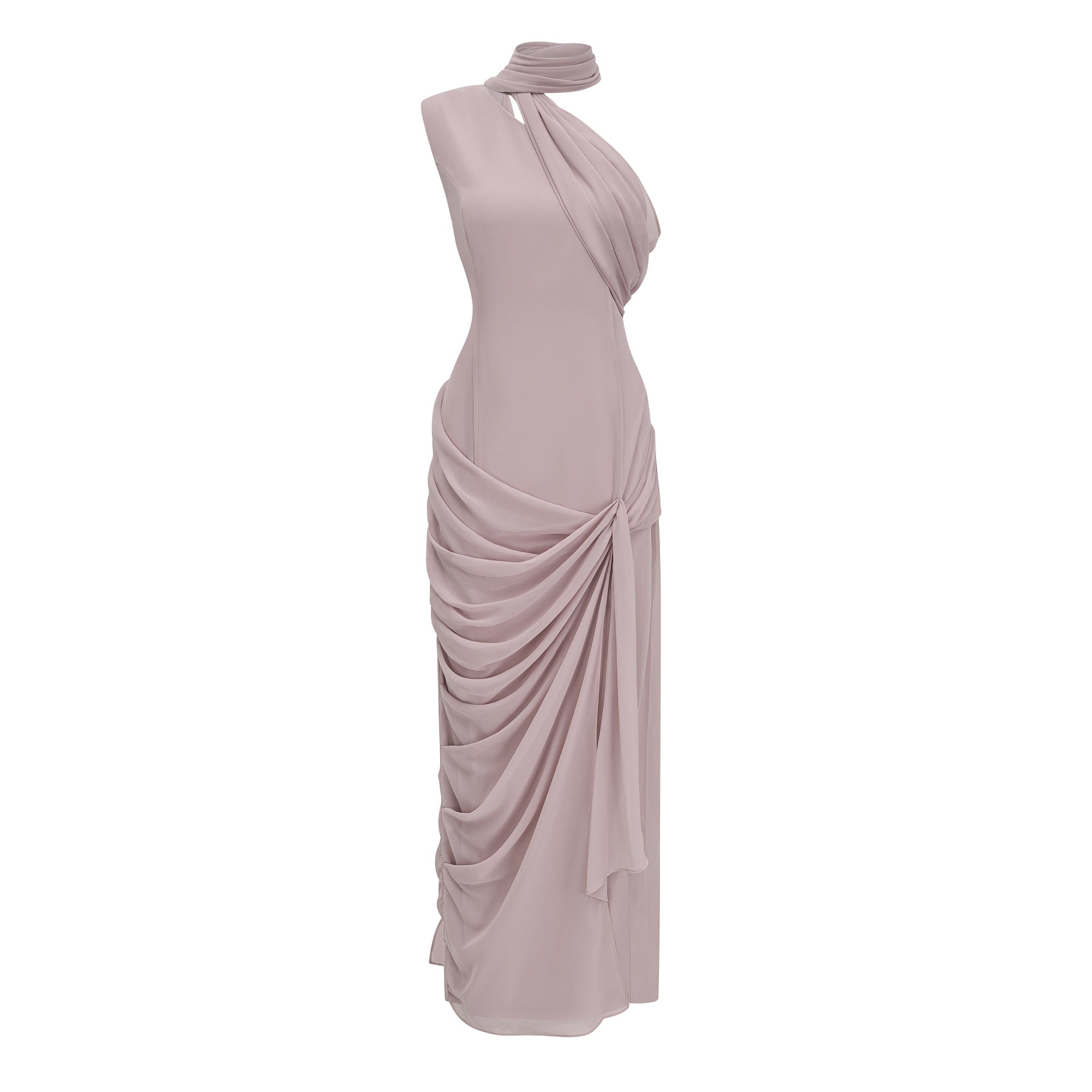 Wilhelmina Dusty Pink Asymmetrical Ruched Maxi Dress