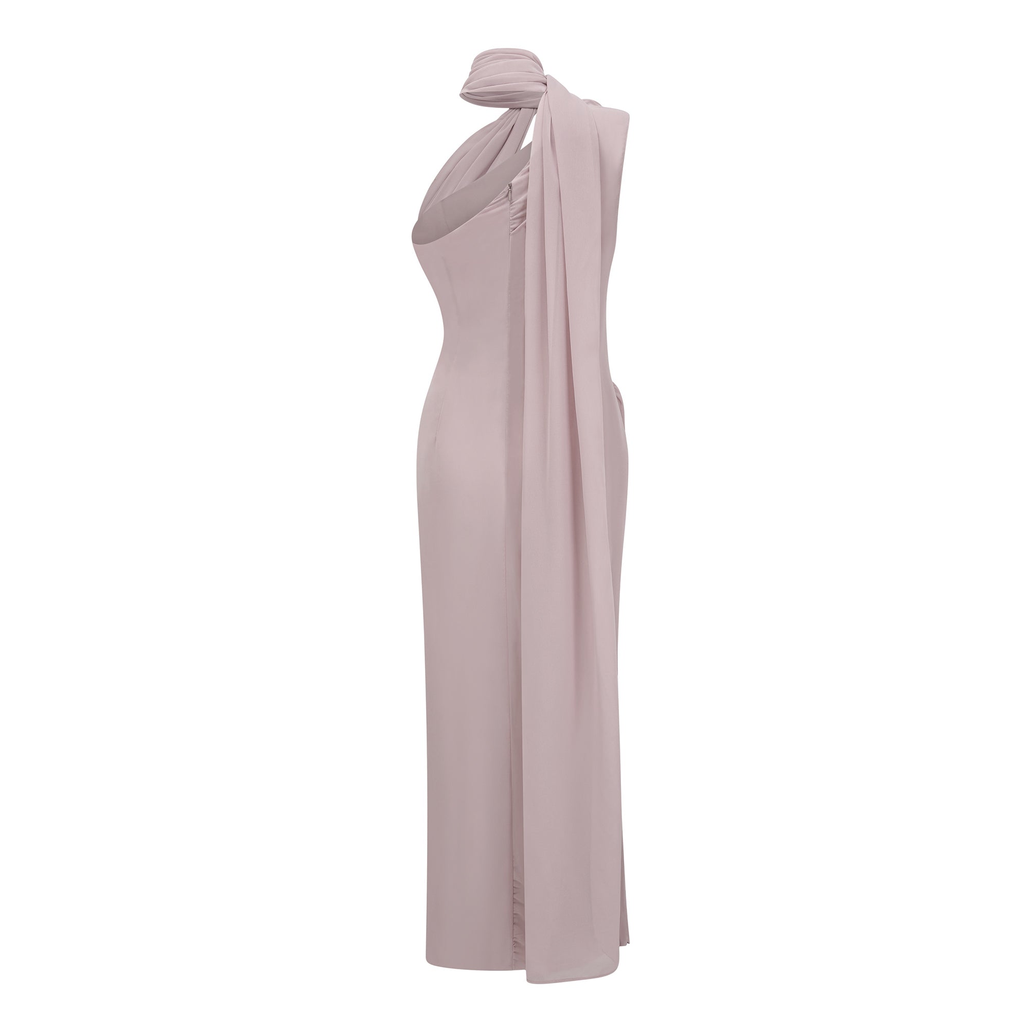 Wilhelmina Dusty Pink Asymmetrical Ruched Maxi Dress