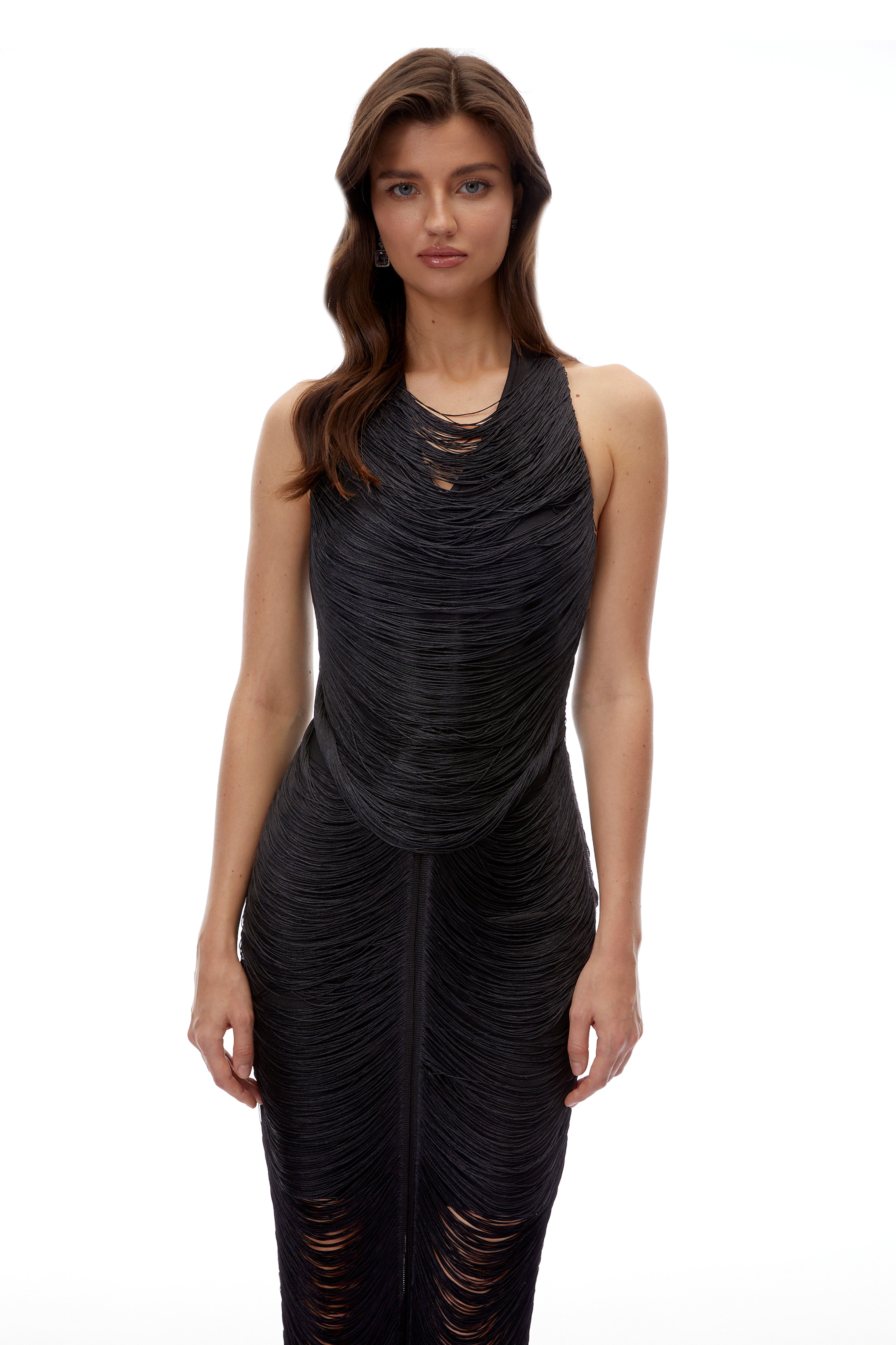 Wilma Black Halterneck Fringe Maxi Dress