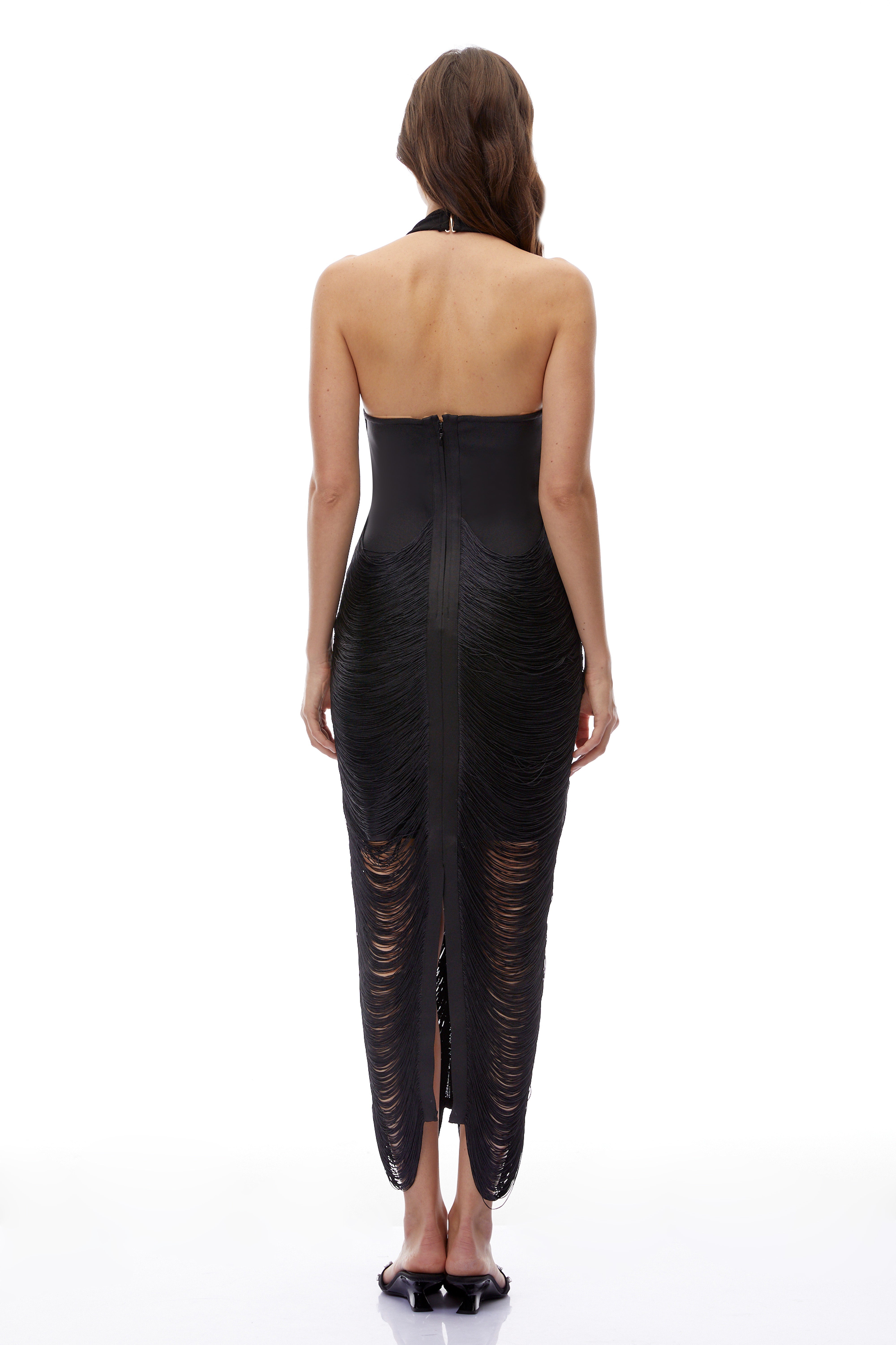 Wilma Black Halterneck Fringe Maxi Dress