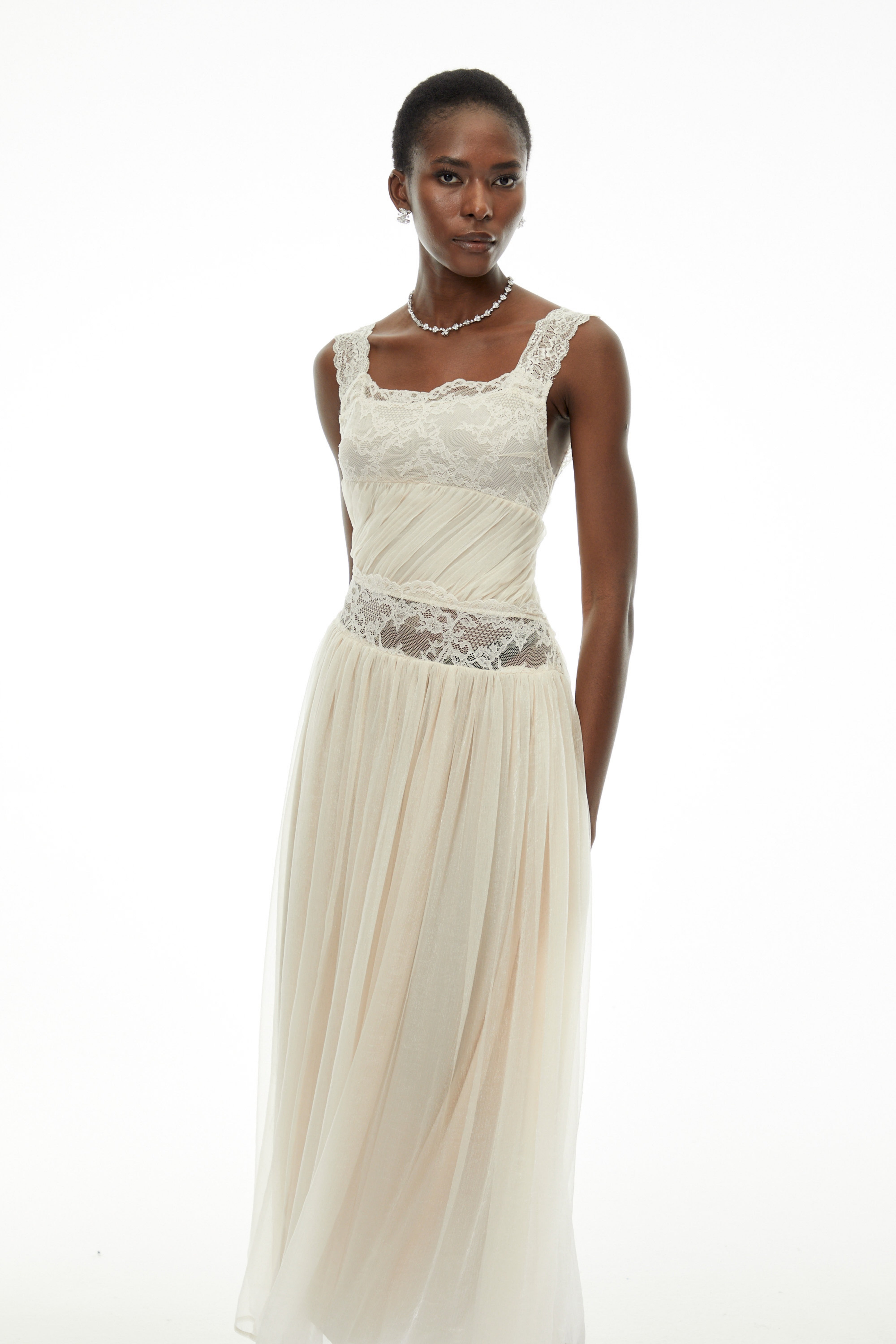 Wolfgang White Pleated Maxi Dress with Lace Panels (Final Sale)