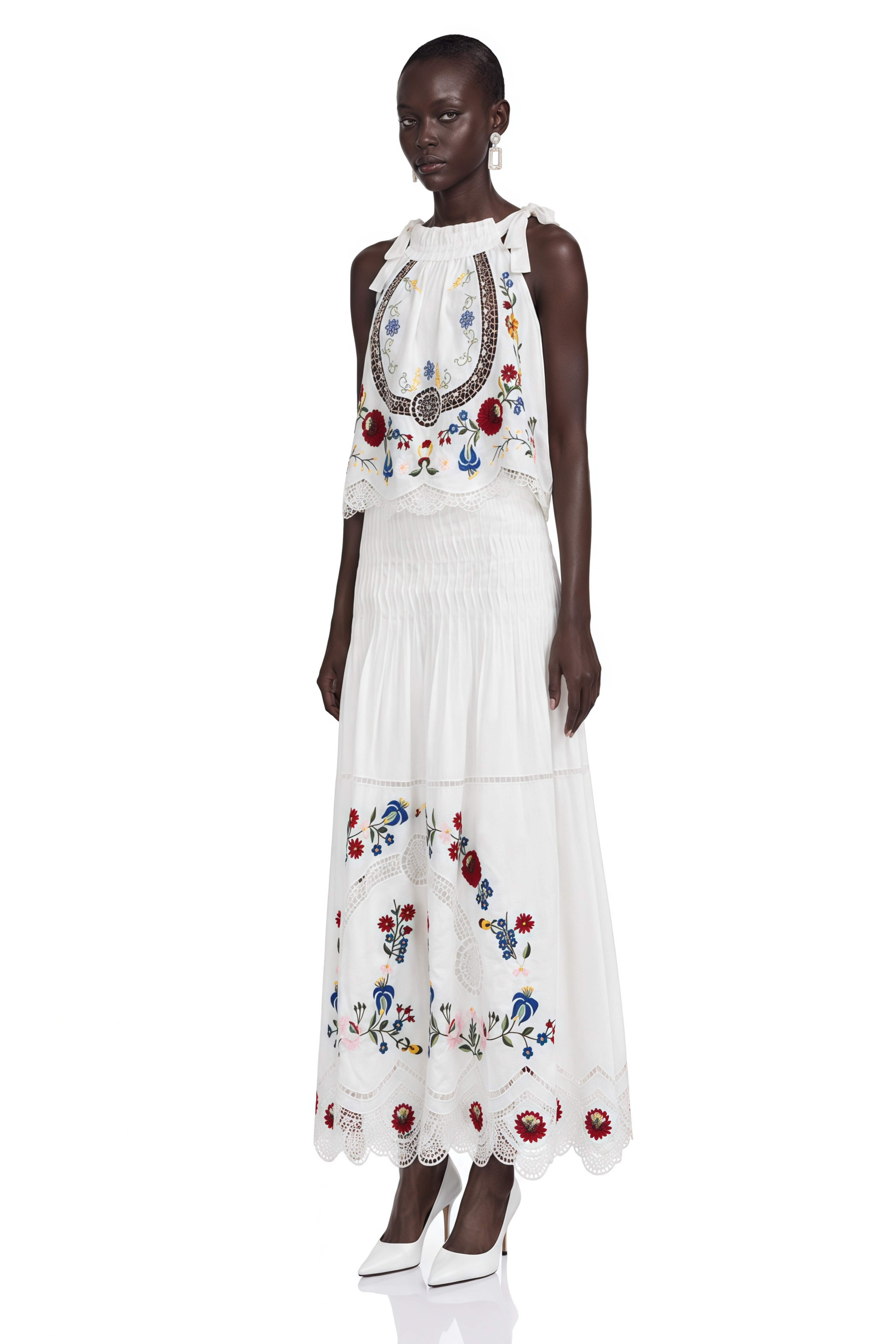 Wyna White Floral Print Top & Skirt Set with Lace Trim