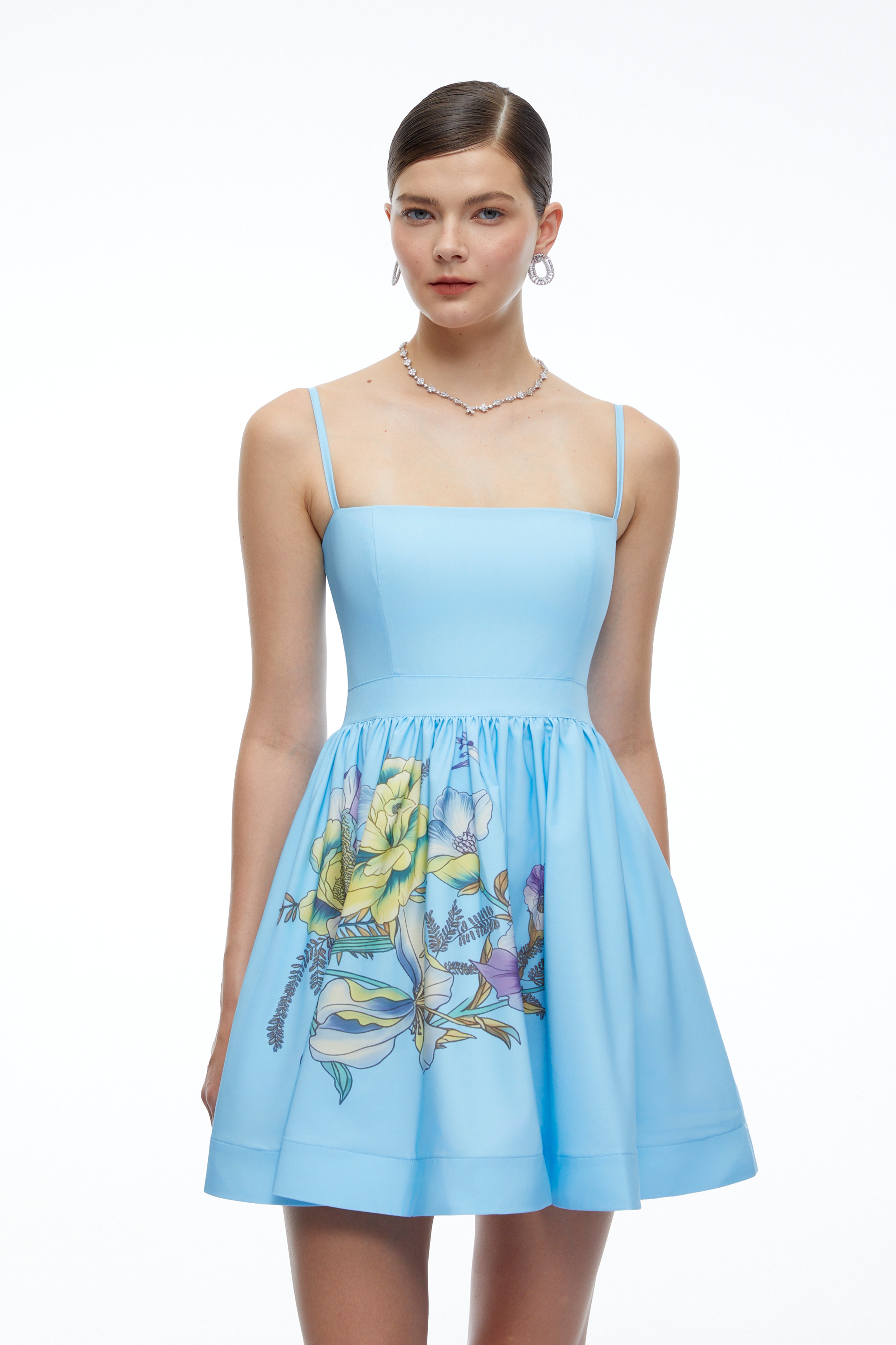 Xanthe Blue Floral Square Neck Mini Dress