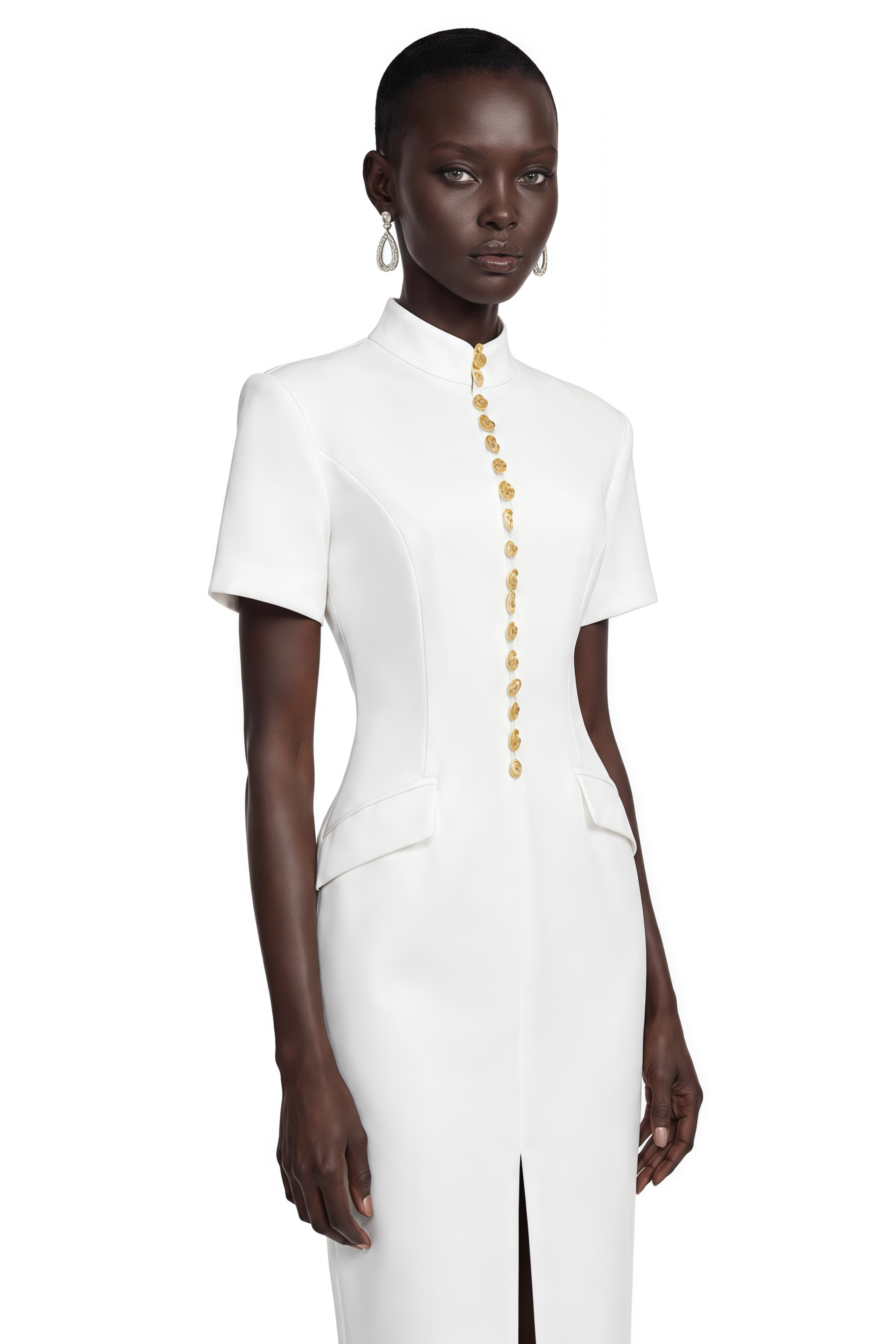 Robe mi-longue Xanthe blanche à col montant, boutons dorés et fente