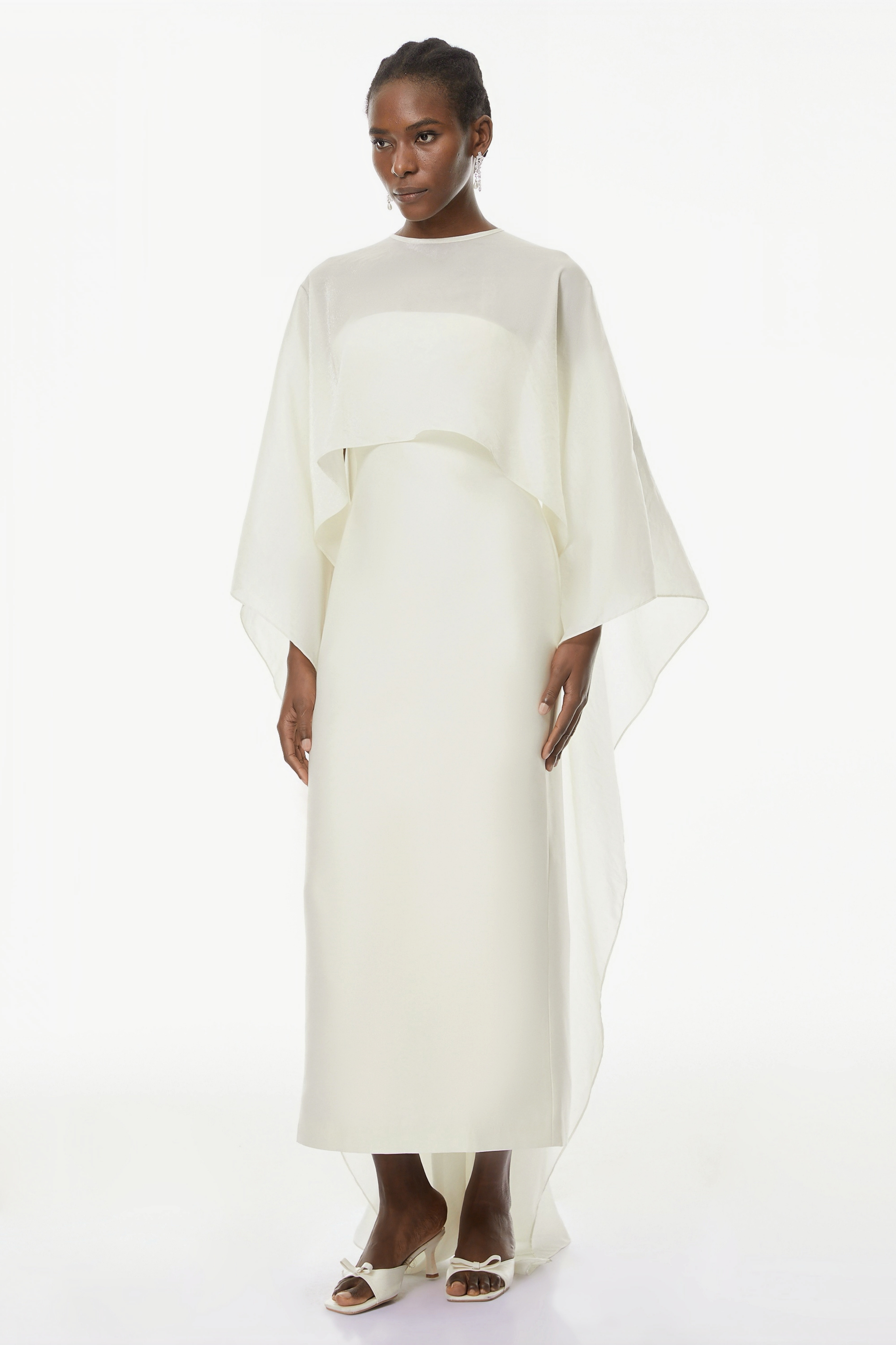 Xiomara White Cape Design Satin Maxi Dress (Final Sale-US Only)