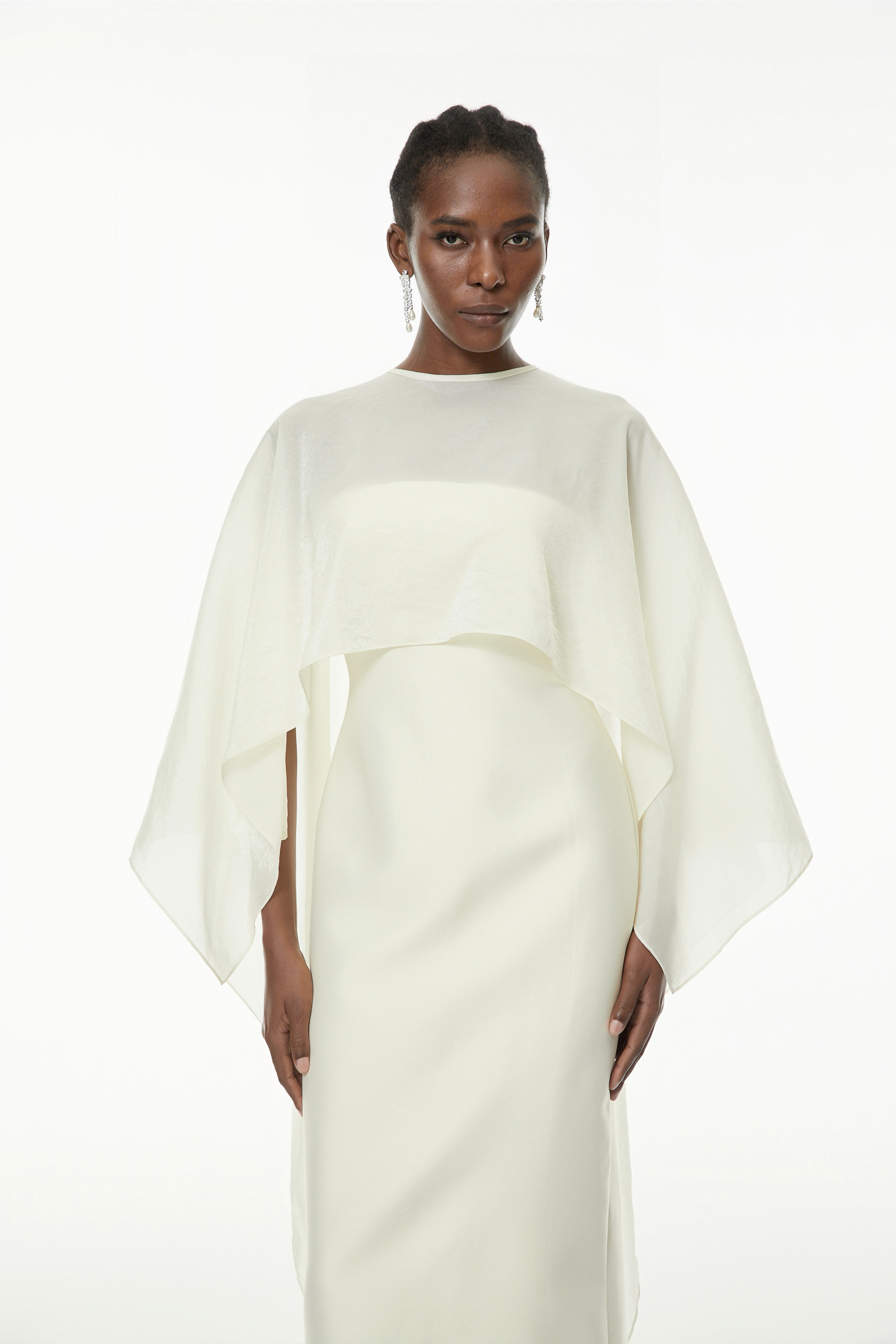 Xiomara White Cape Design Satin Maxi Dress (Final Sale-US Only)