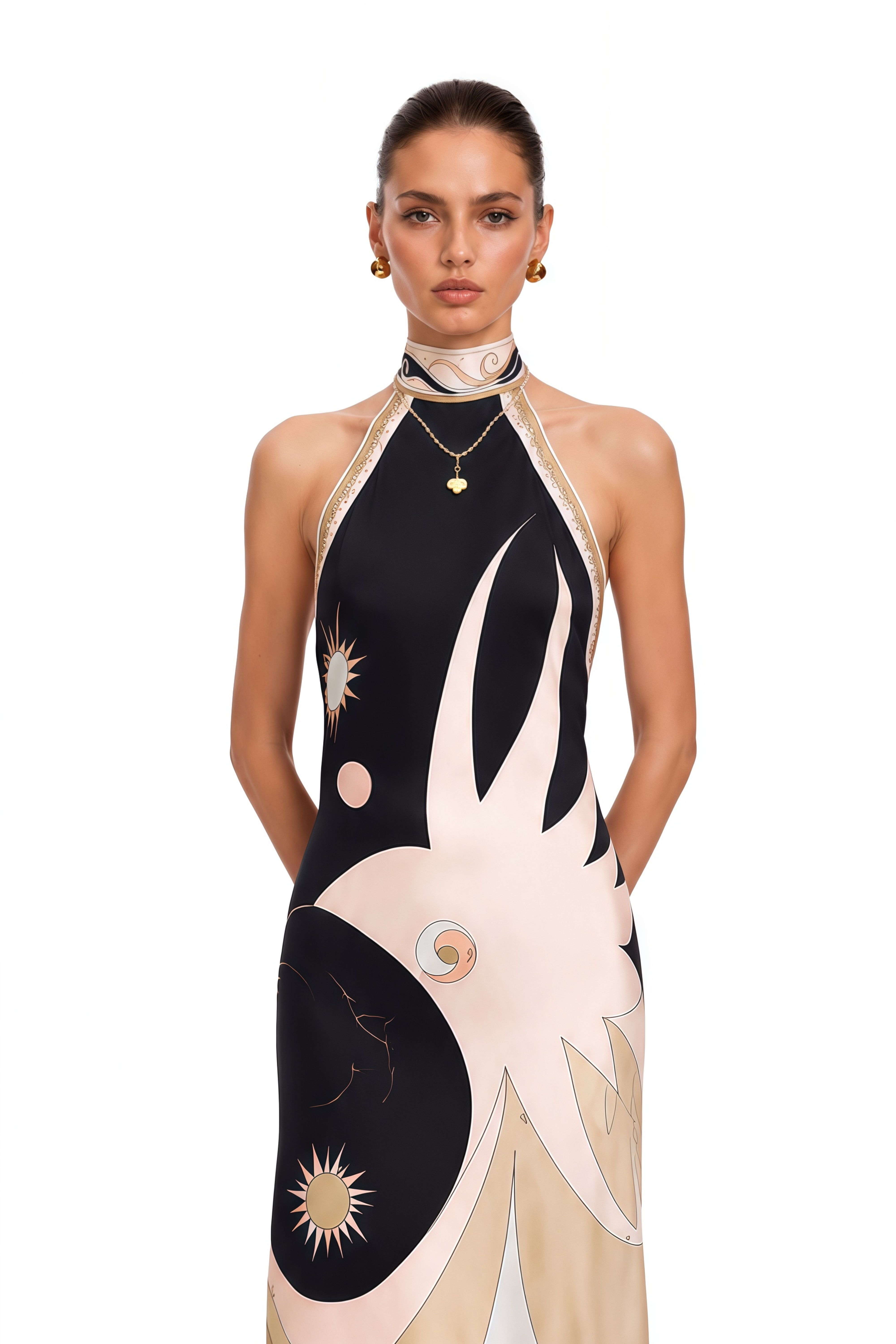 Robe mi-longue à col licou Yasmina, imprimé abstrait noir