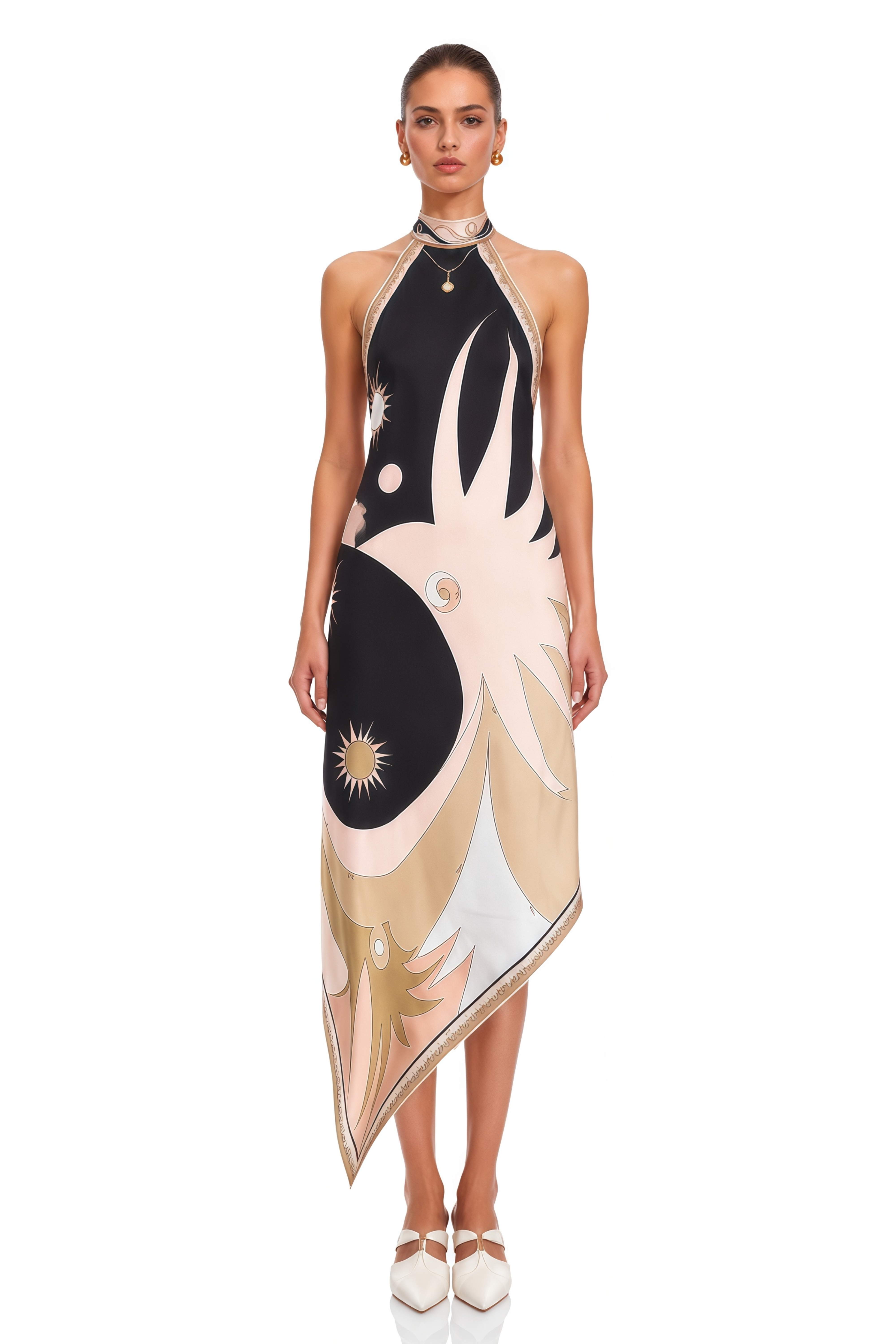 Robe mi-longue à col licou Yasmina, imprimé abstrait noir