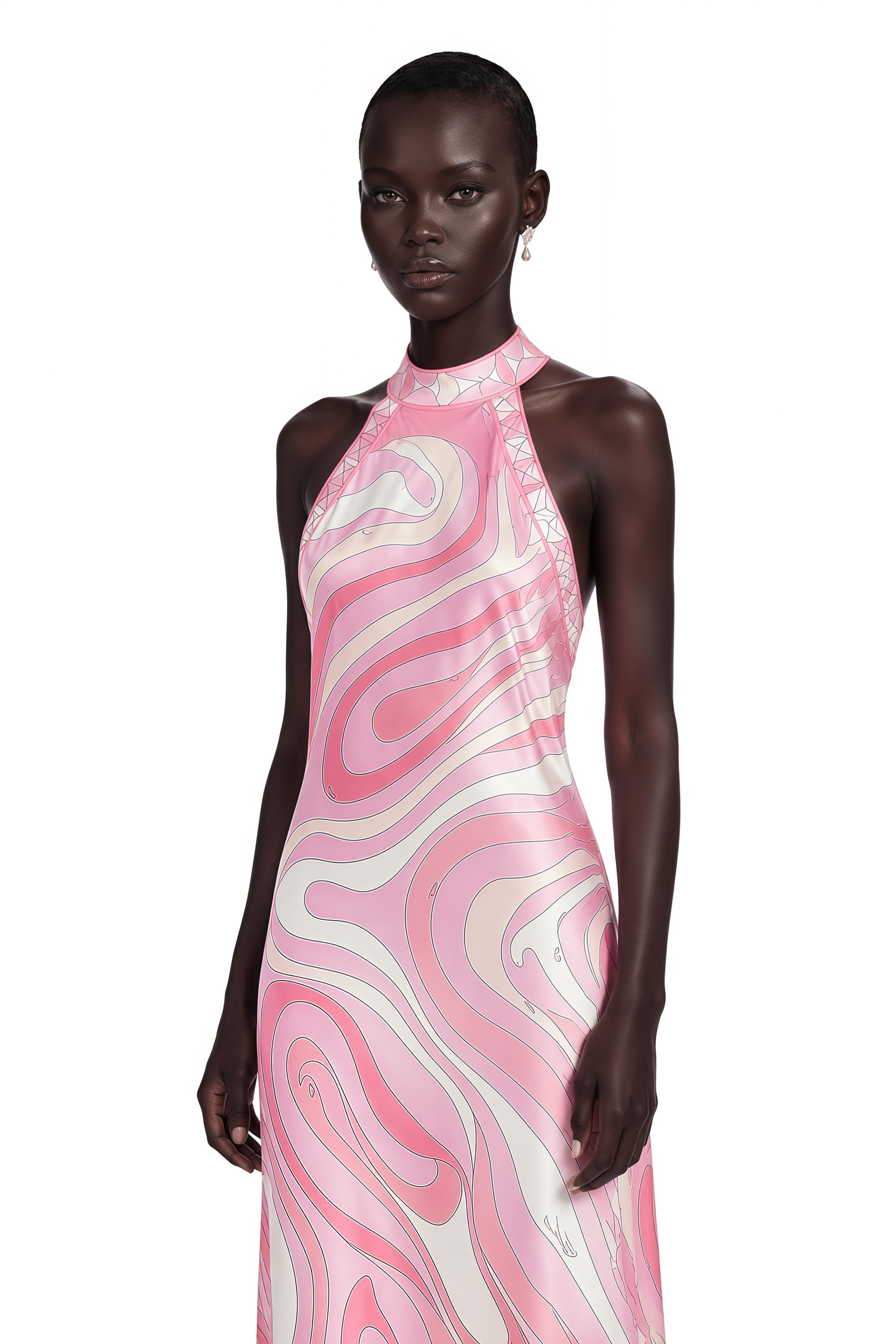 Robe mi-longue à imprimé abstrait rose « Yasmina » à col licou