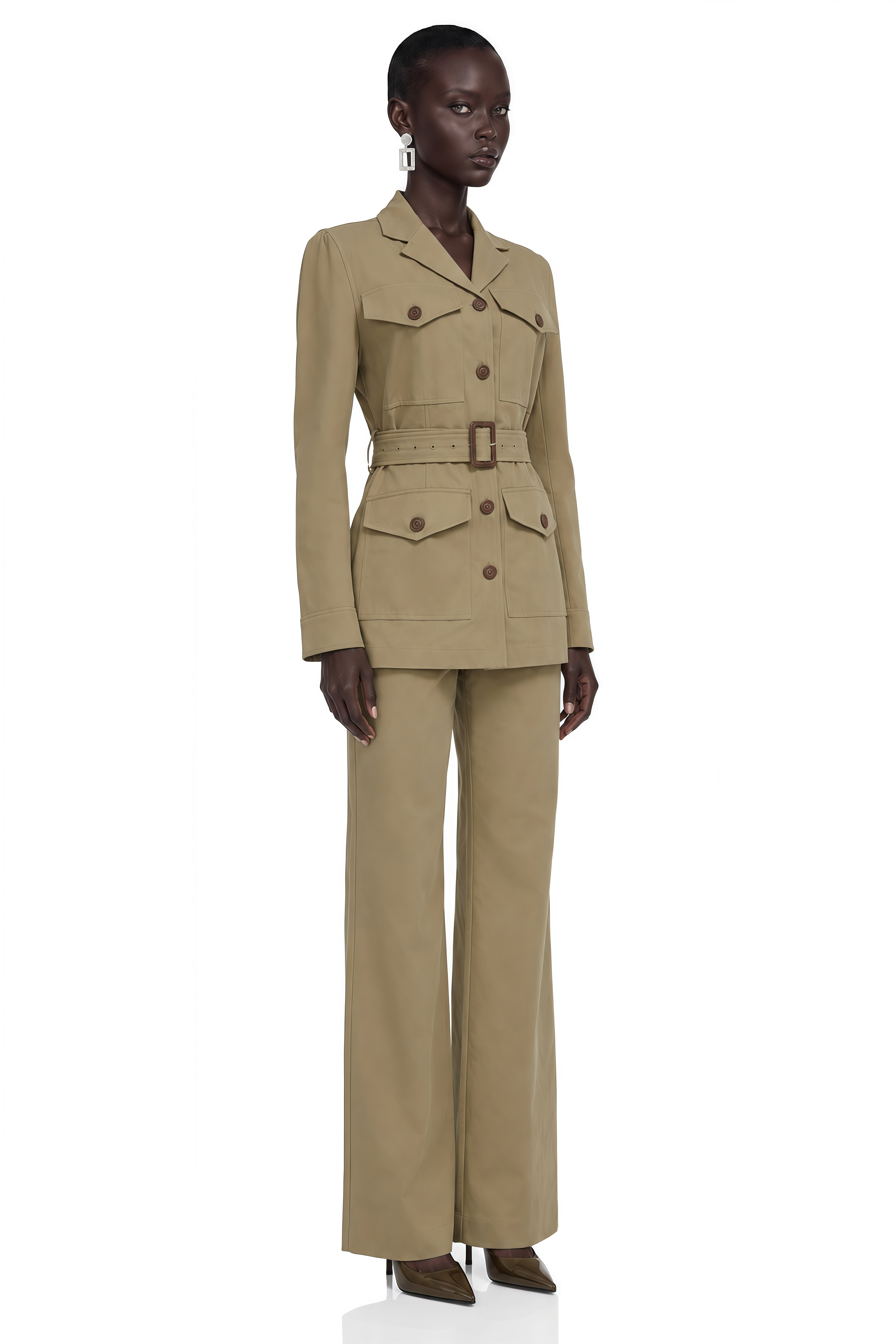 Ylfa Khaki Belted Jacket & Straight Leg Trousers Set